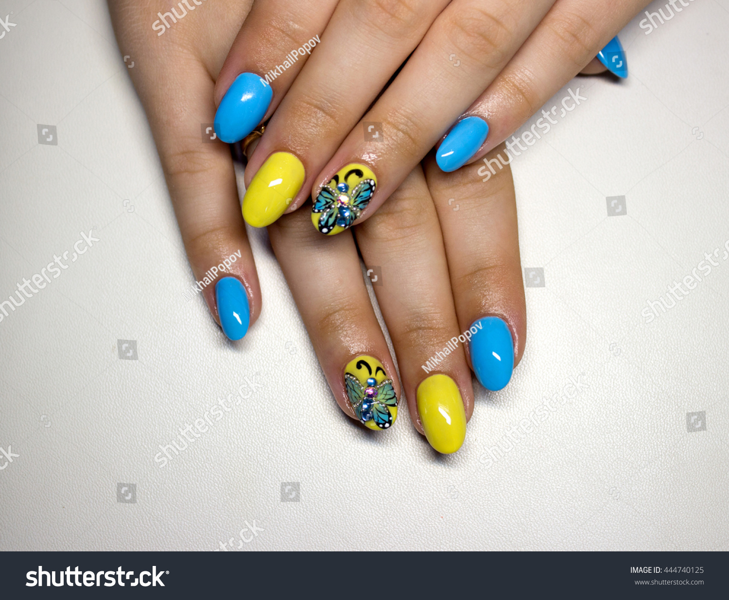 Beautiful Manicure Yellow Blue Nails Painted Stock Photo Edit Now