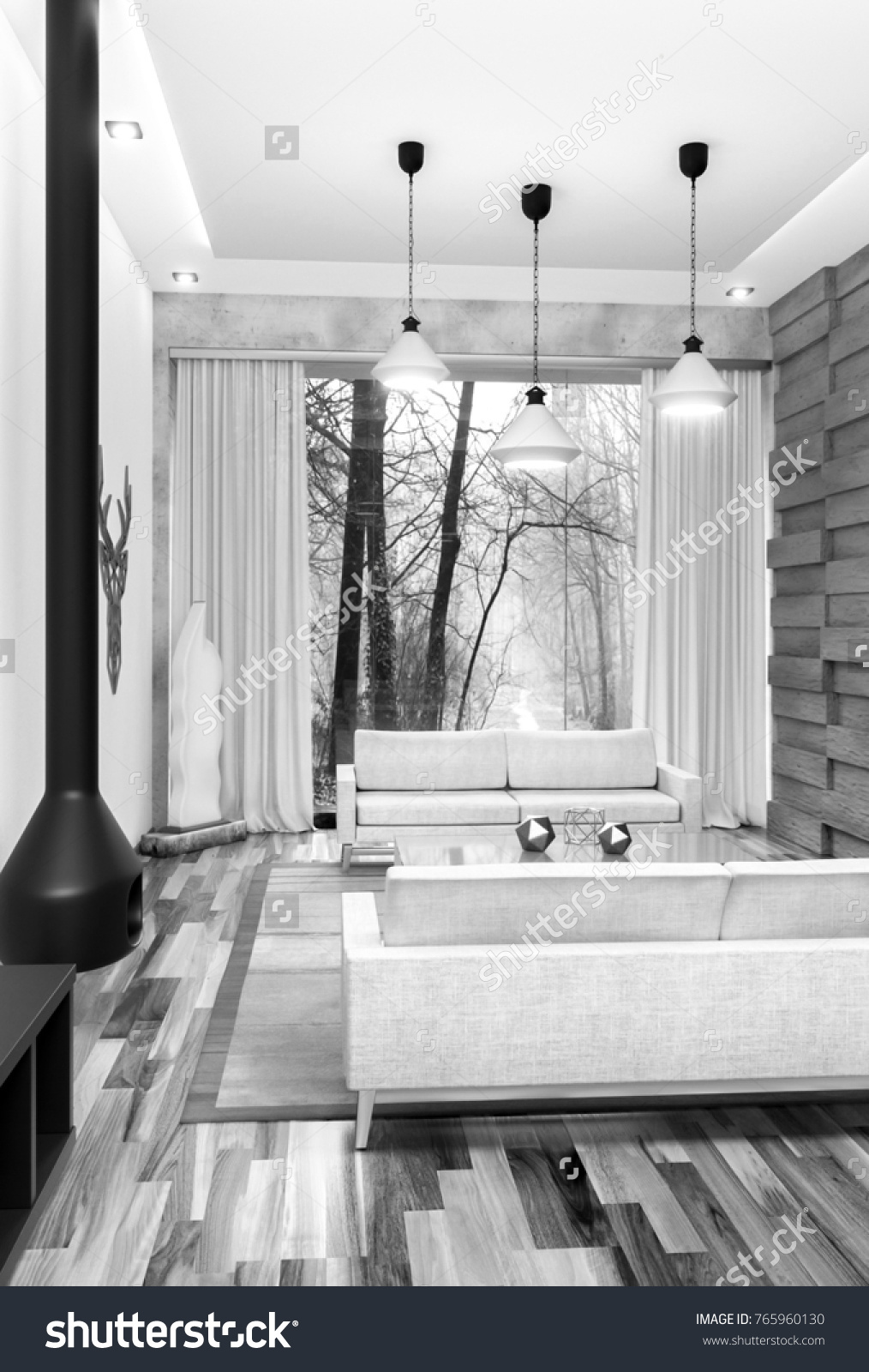 Beautiful minimal interior design in black and white 3d illustration