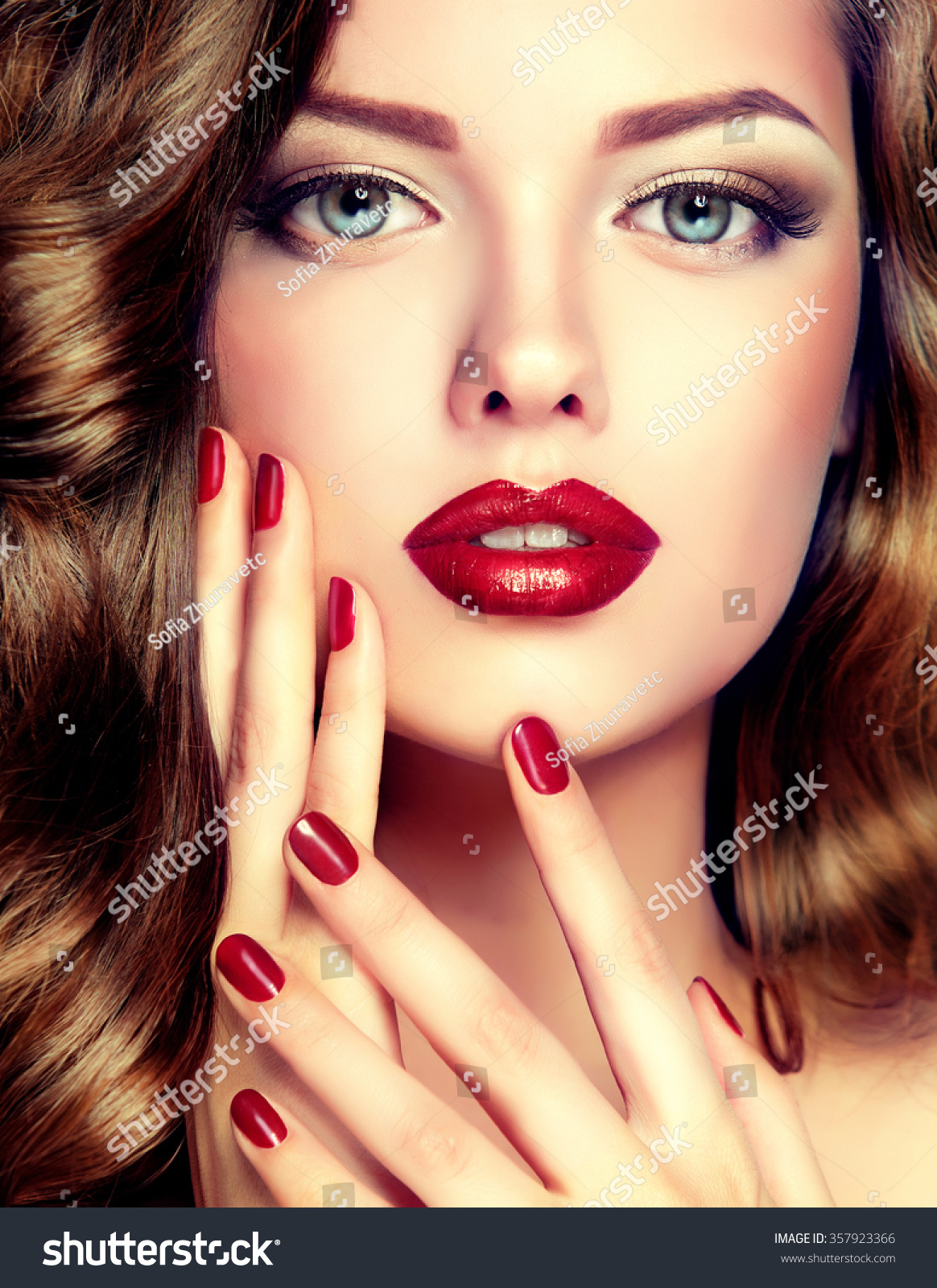 Beautiful Model Curly Hair Red Manicure Stock Photo 