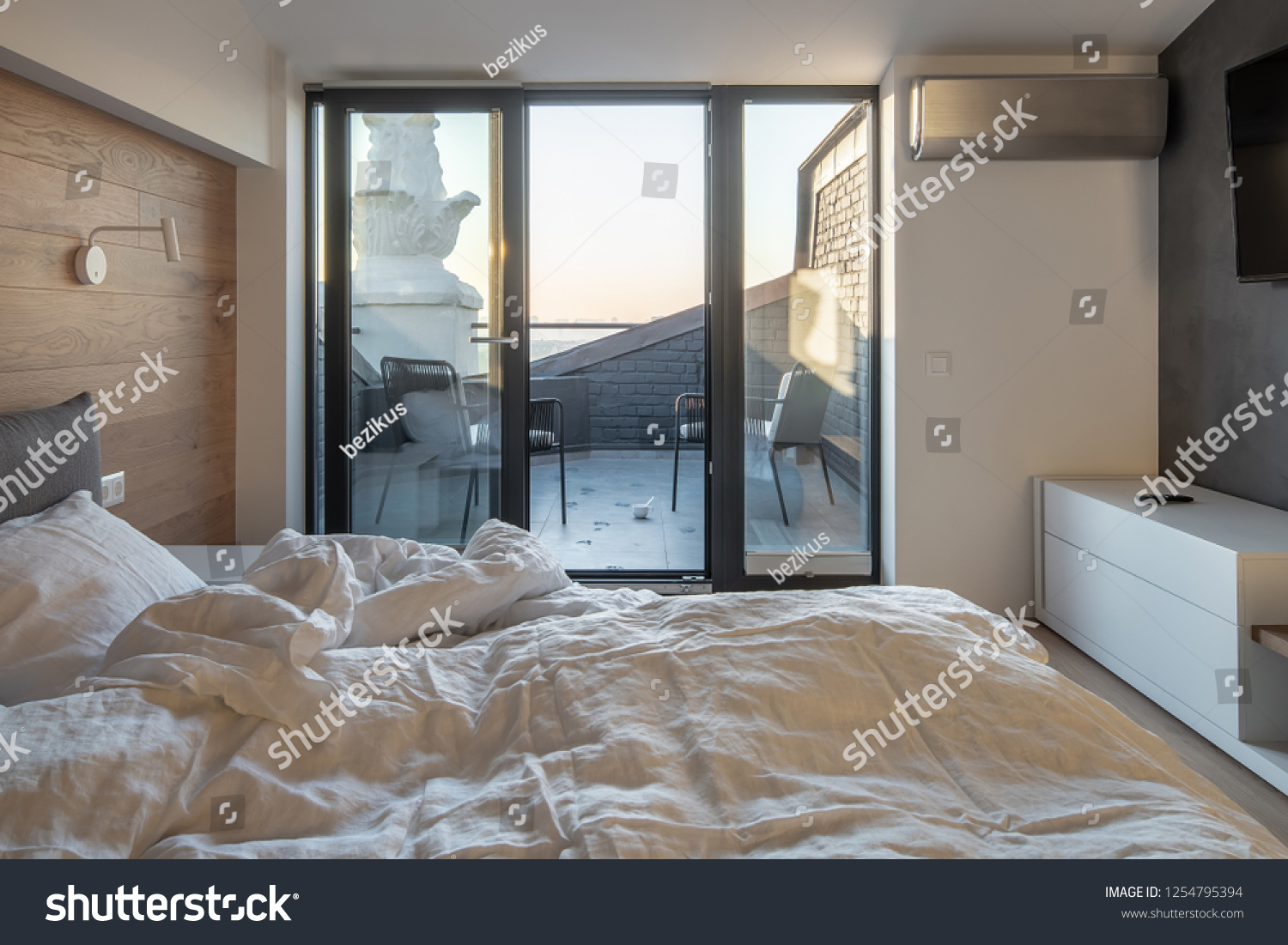 Beautiful Modern Bedroom Different Walls Parquet Stock Photo