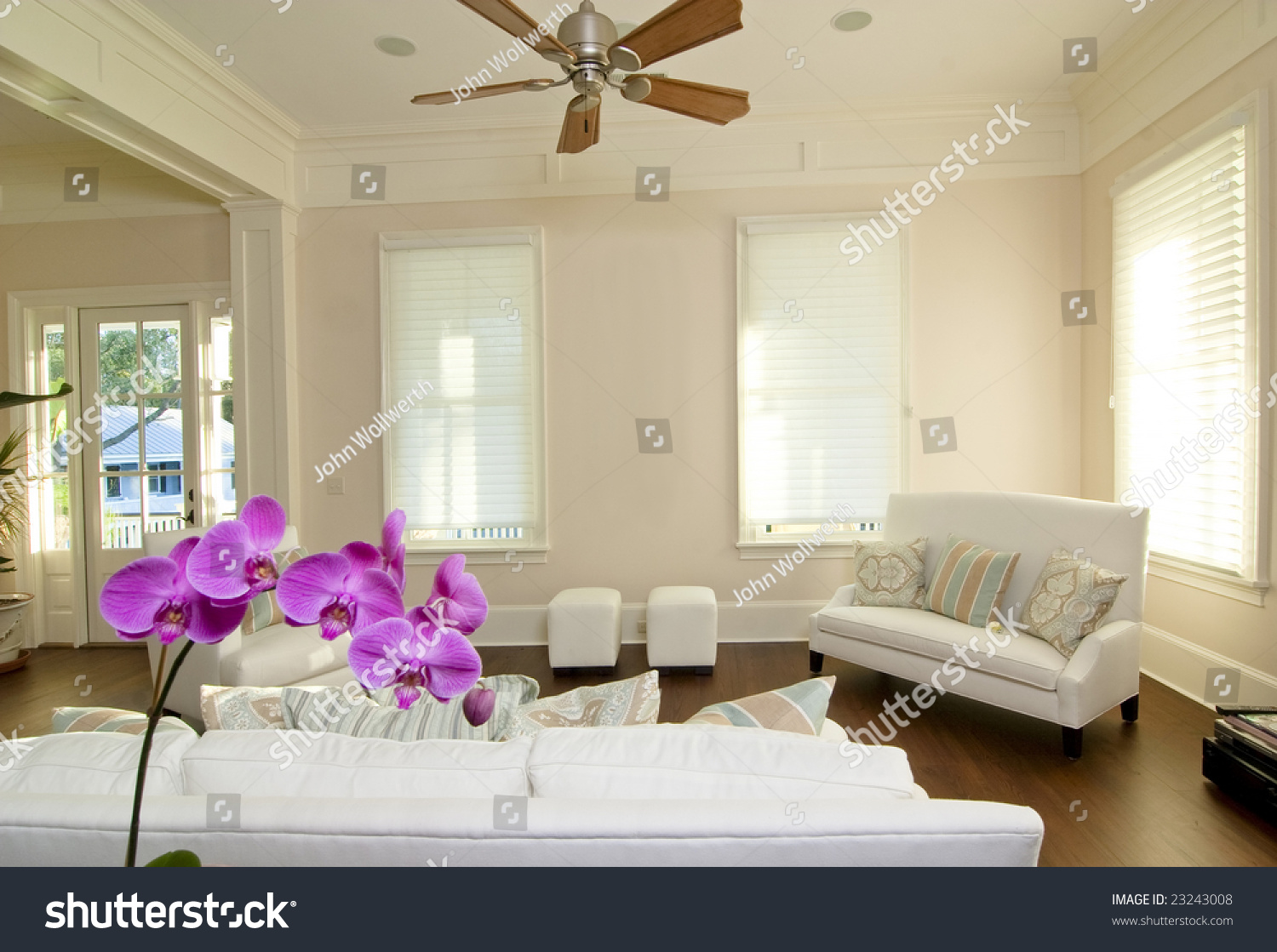 Beautiful Modern Livingroom White Furniture Orchid Stock Photo