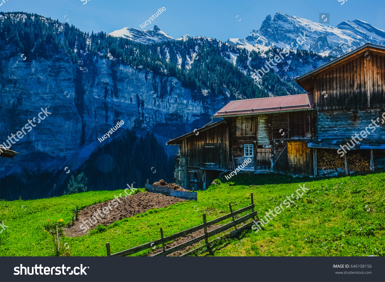 Beautiful Mountain Landscape Wooden House Switzerland Stock Photo Edit Now 646108156