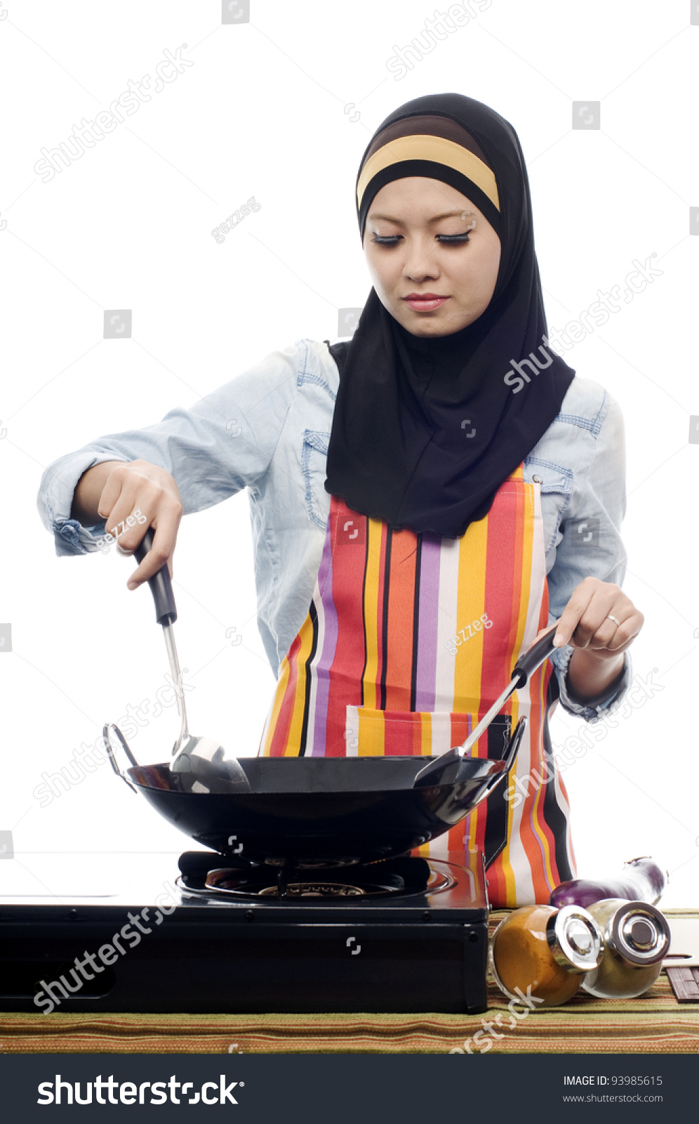 Beautiful Muslim Woman Wearing Scarf Holding Ladle Busy Cooking ...