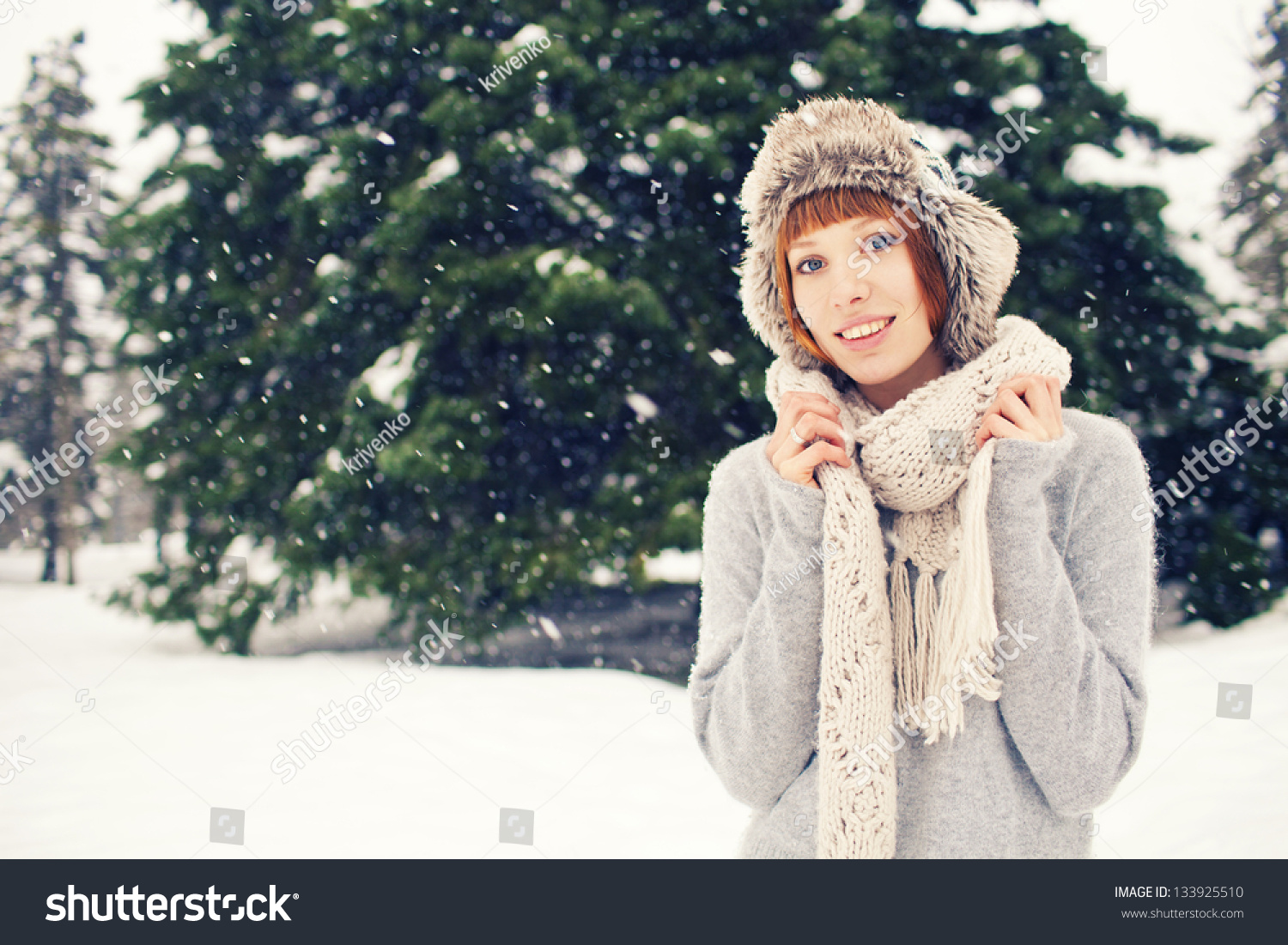 Beautiful Red Hair Girl In Winter Park With Snow Stock Photo 133925510 ...