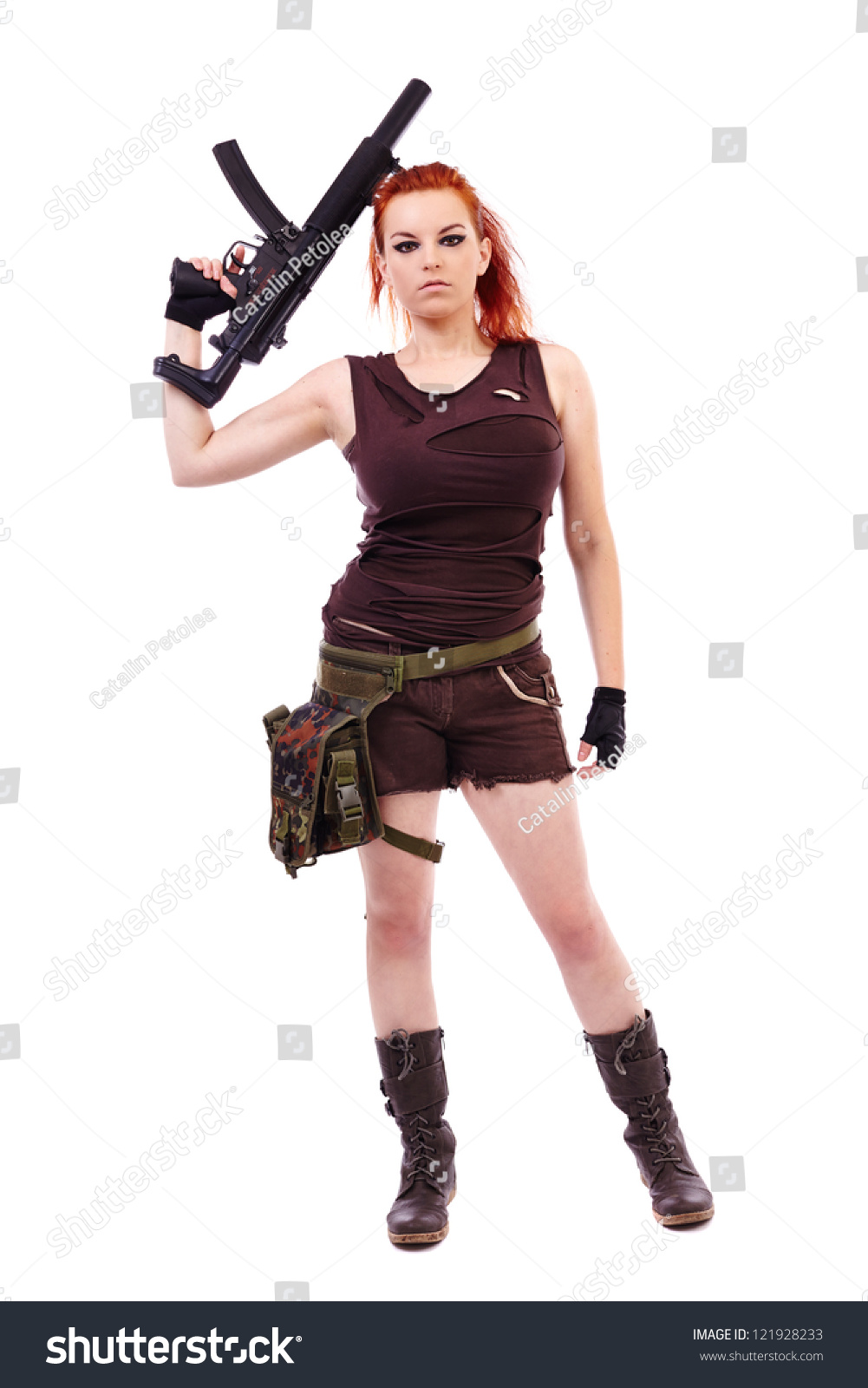 Beautiful Redhead Young Woman With Machinegun, Holster And Military ...