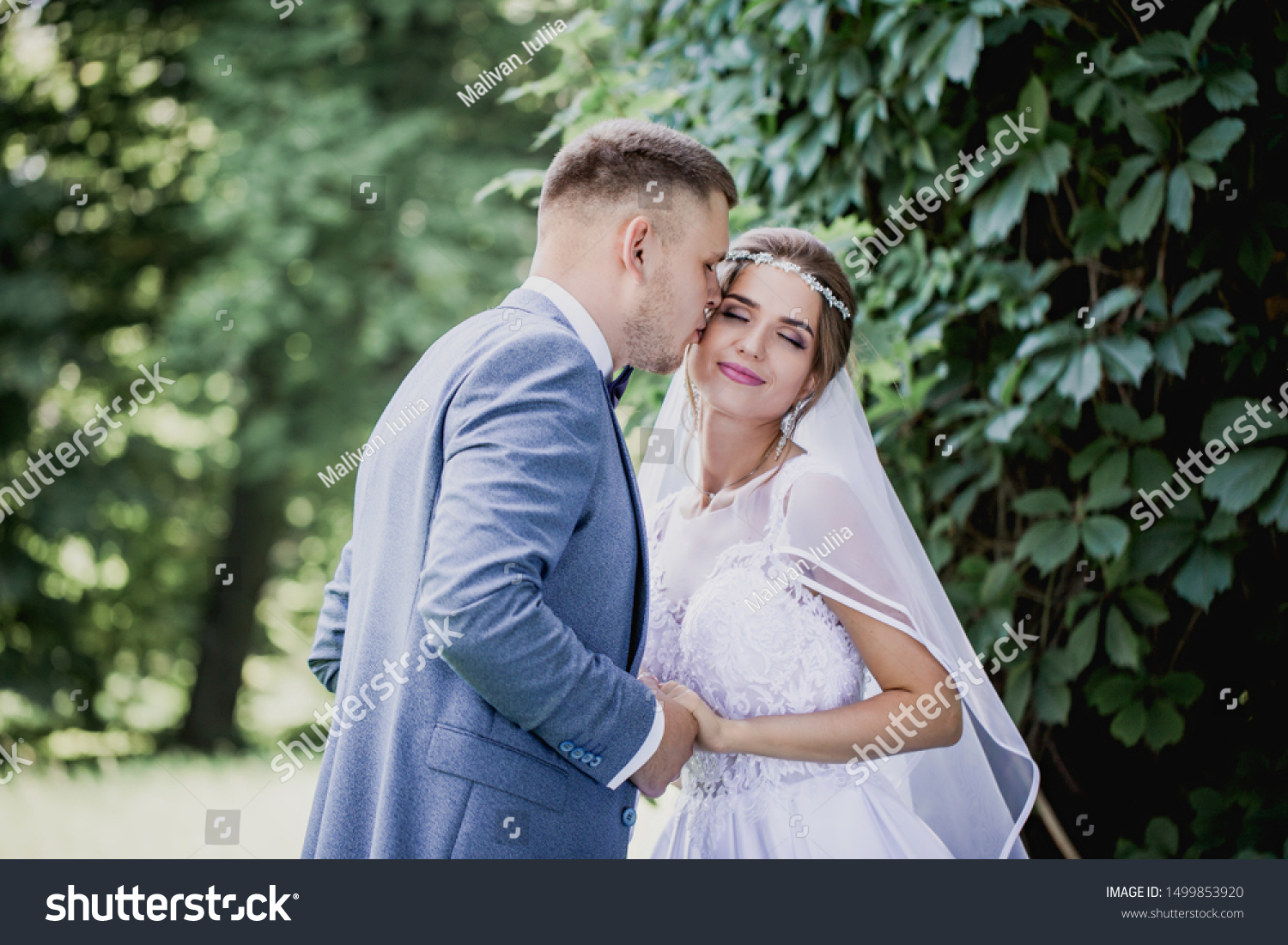 Beautiful Romantic Couple On Background Greenery Stock Photo 1499853920 ...