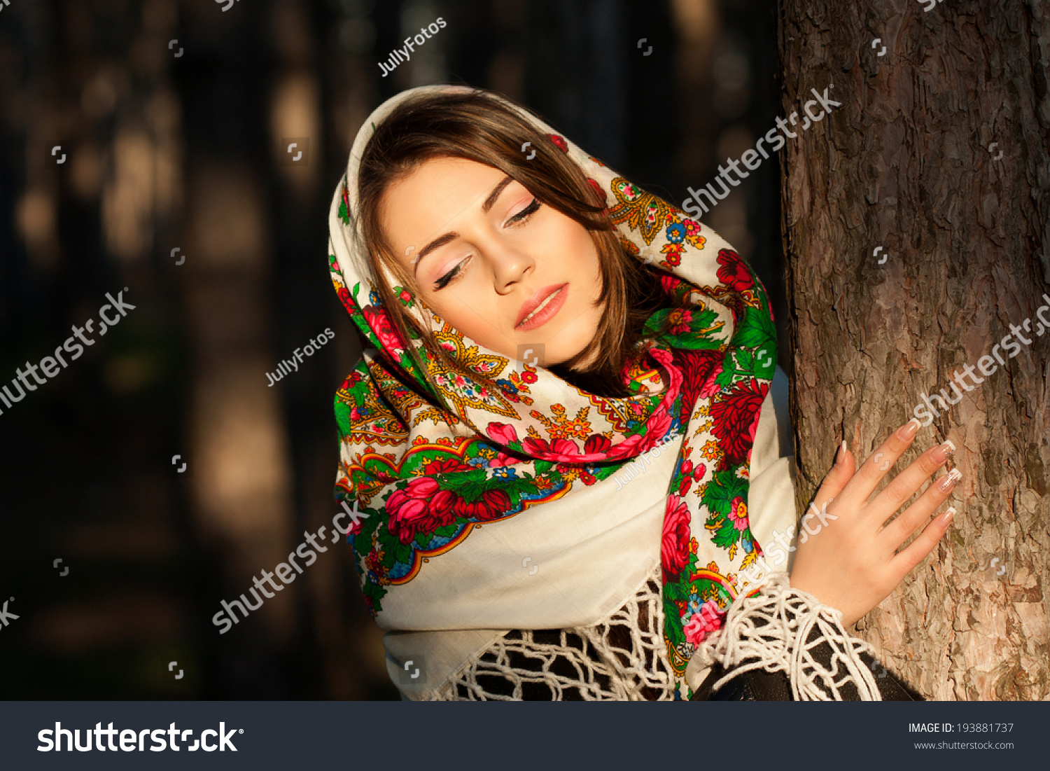 Beautiful Russian Village Girl In Headscarves Near The Tree In The ...