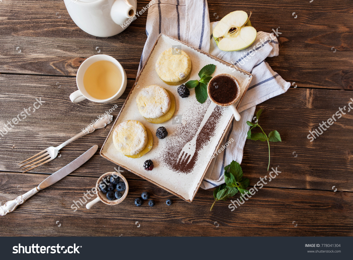 Beautiful Serving Breakfast Cottage Cheese Pancakes Stock Photo