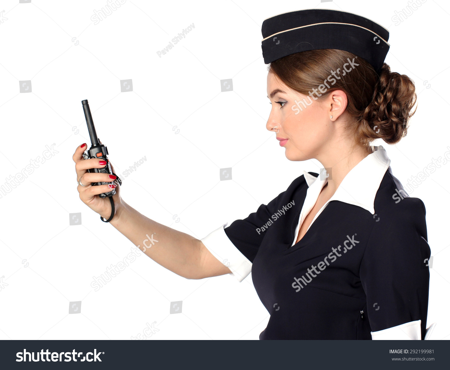 Beautiful Smiling Stewardess Cb Radio Isolated Stock Photo