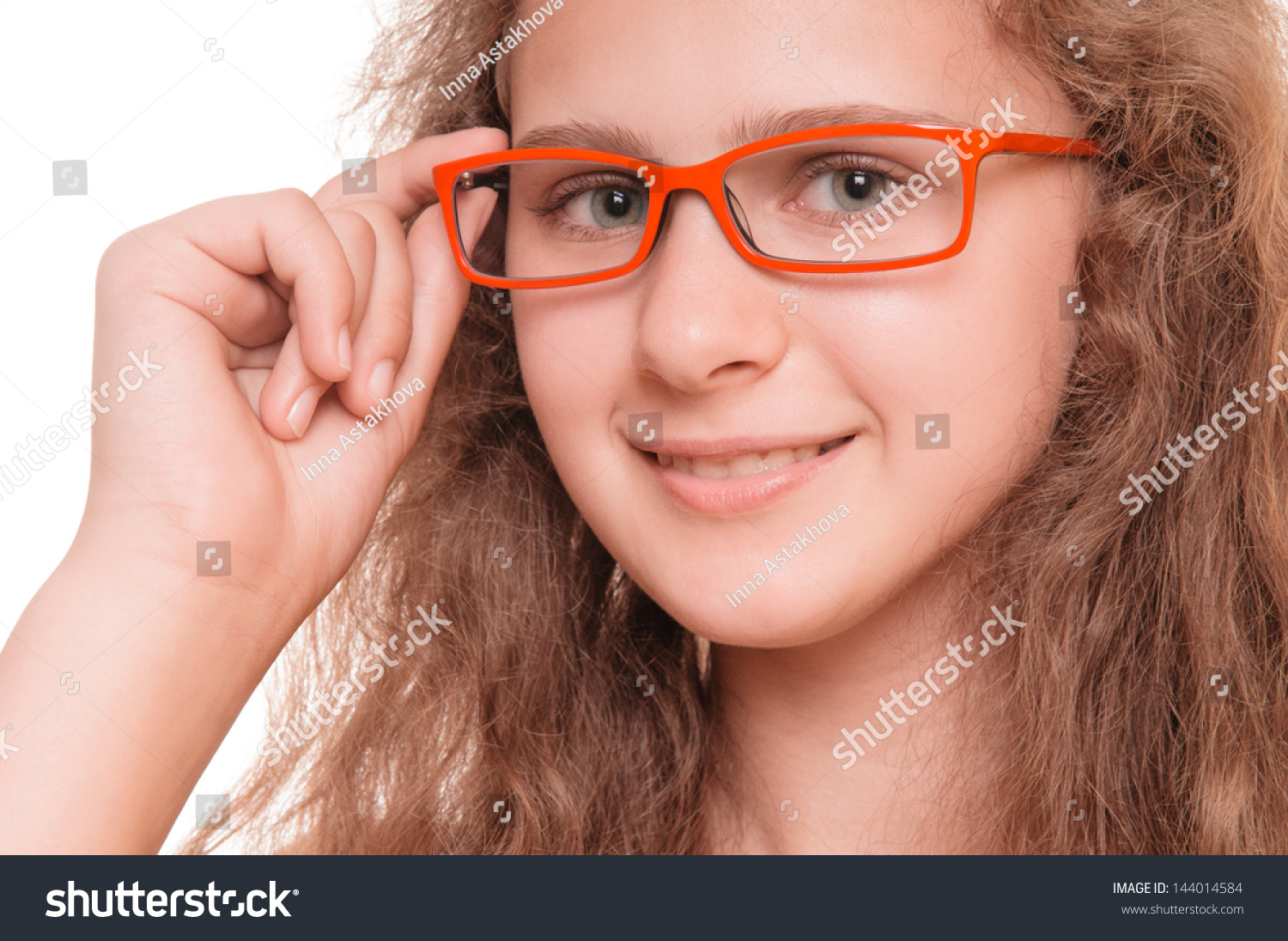 Beautiful Smiling Teenage Girl With Reading Glasses. Isolated On White ...