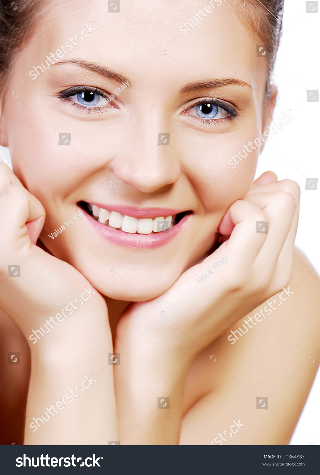 Beautiful Smiling Young Adult Teen Face With Hand At Face Stock Photo ...