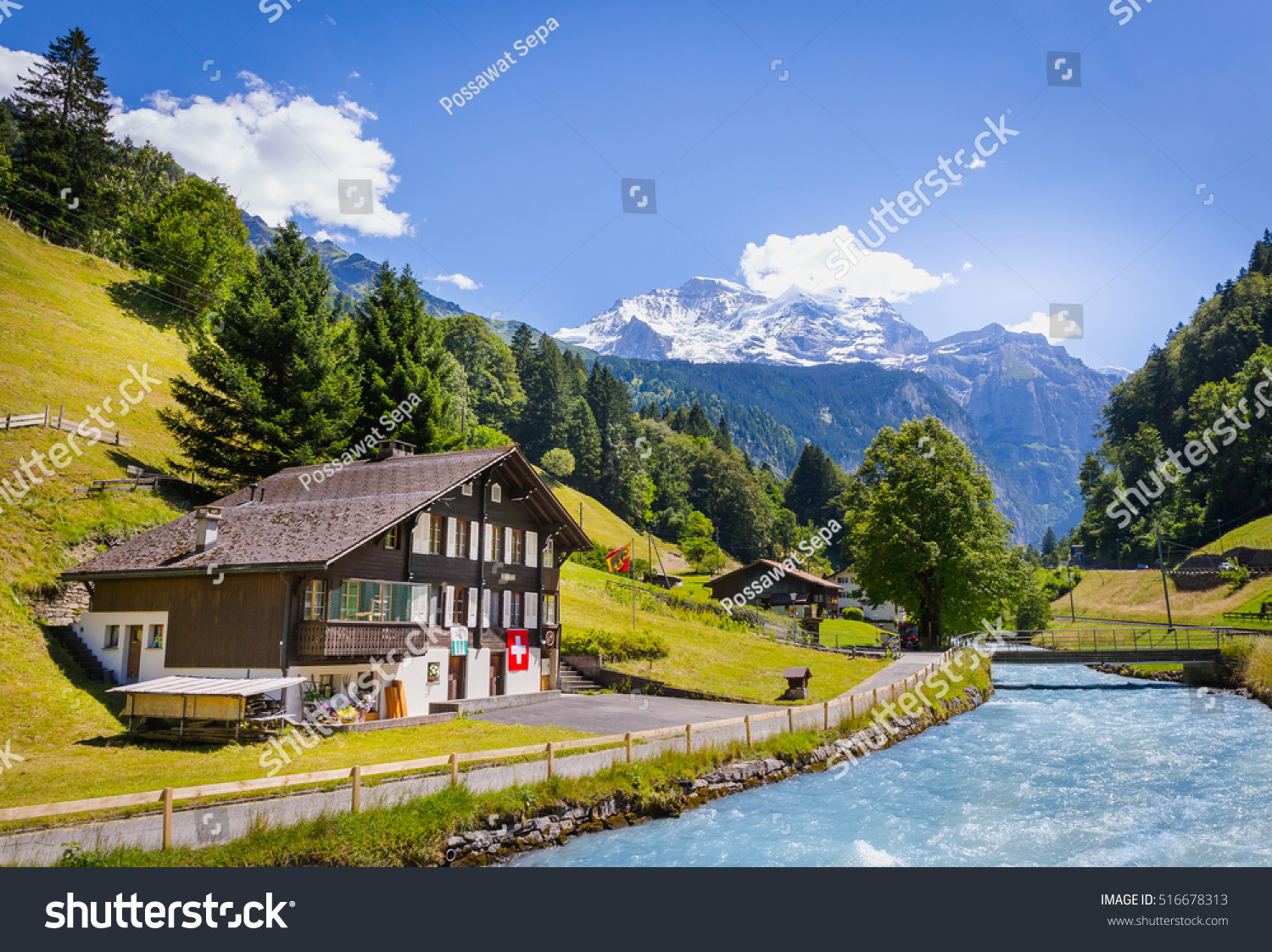 Swiss Mountain House beautiful swiss house blue river snow stock photo 516678313 Swiss Mountain House beautiful swiss house blue river snow stock photo 516678313