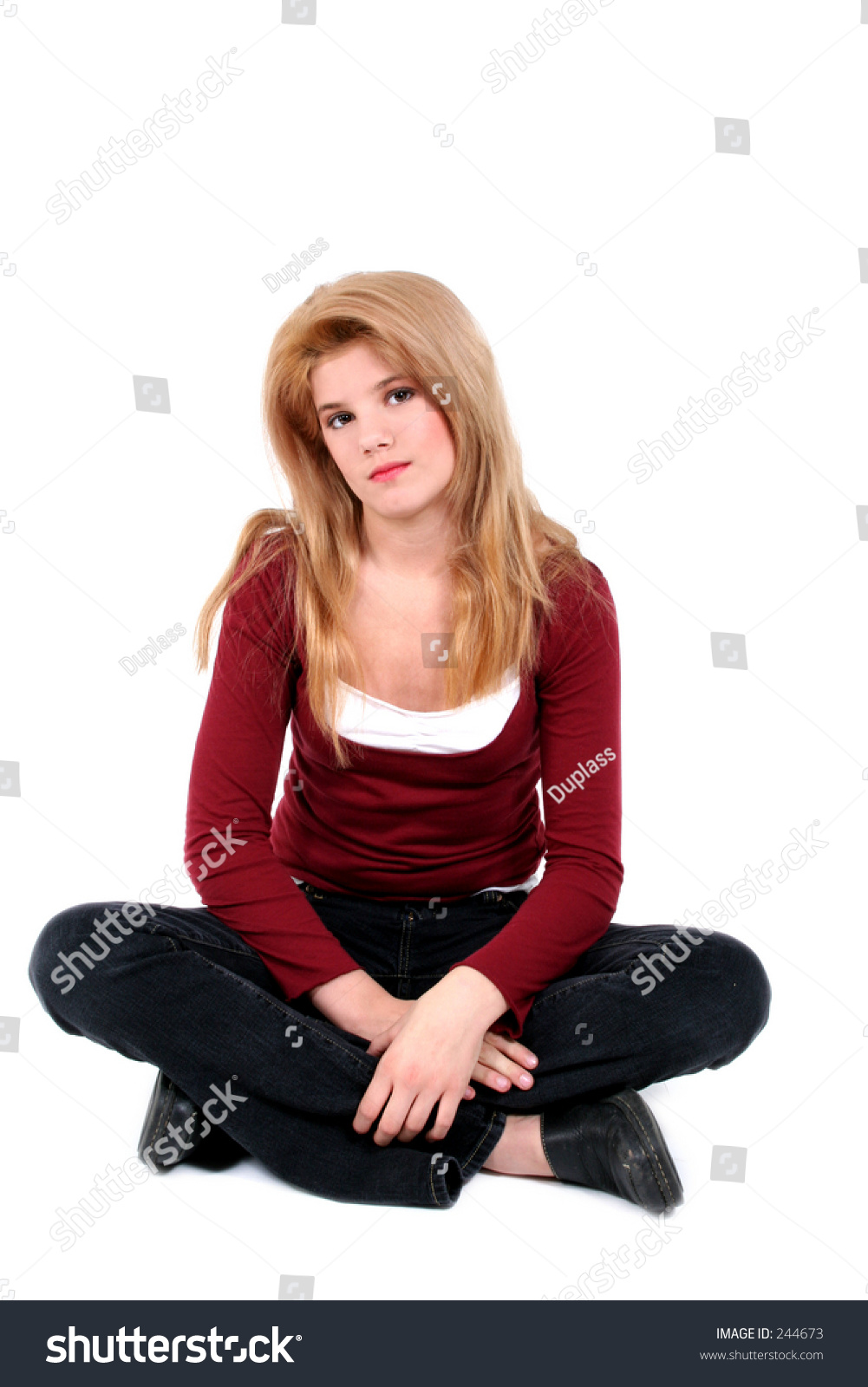 Beautiful Teen Girl Sitting Legs Crossed On White. Stock Photo 244673 ...