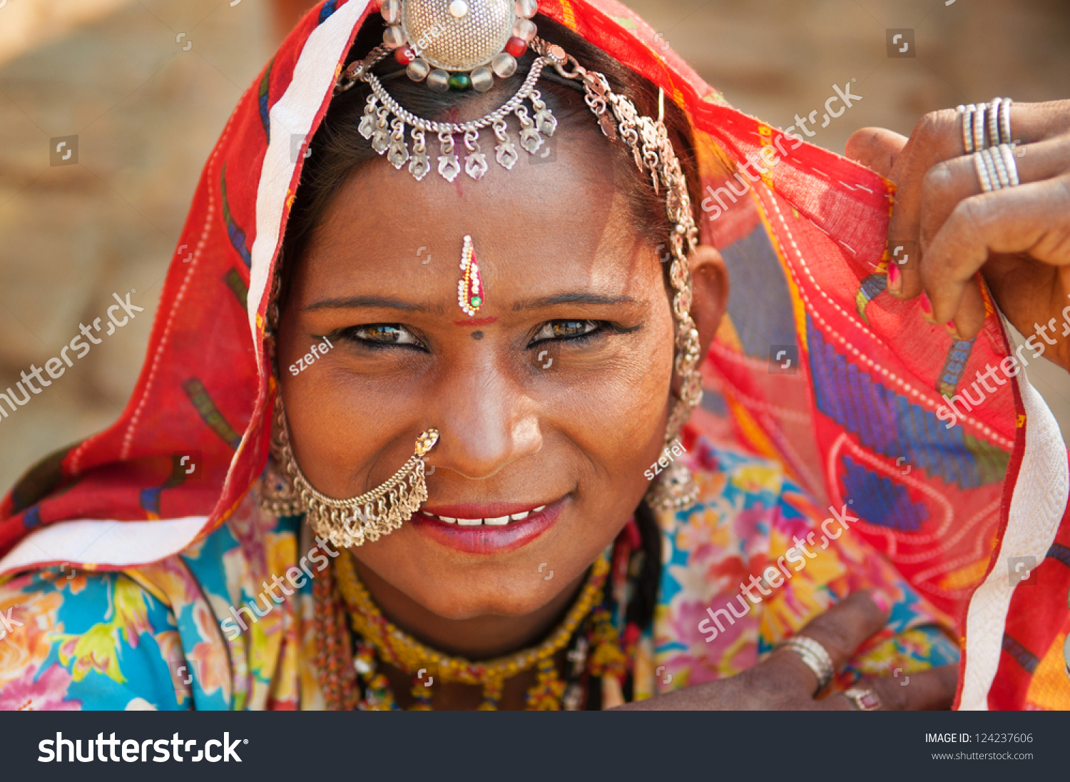 Beautiful Traditional Indian Woman In Sari Costume Covered Her Head ...