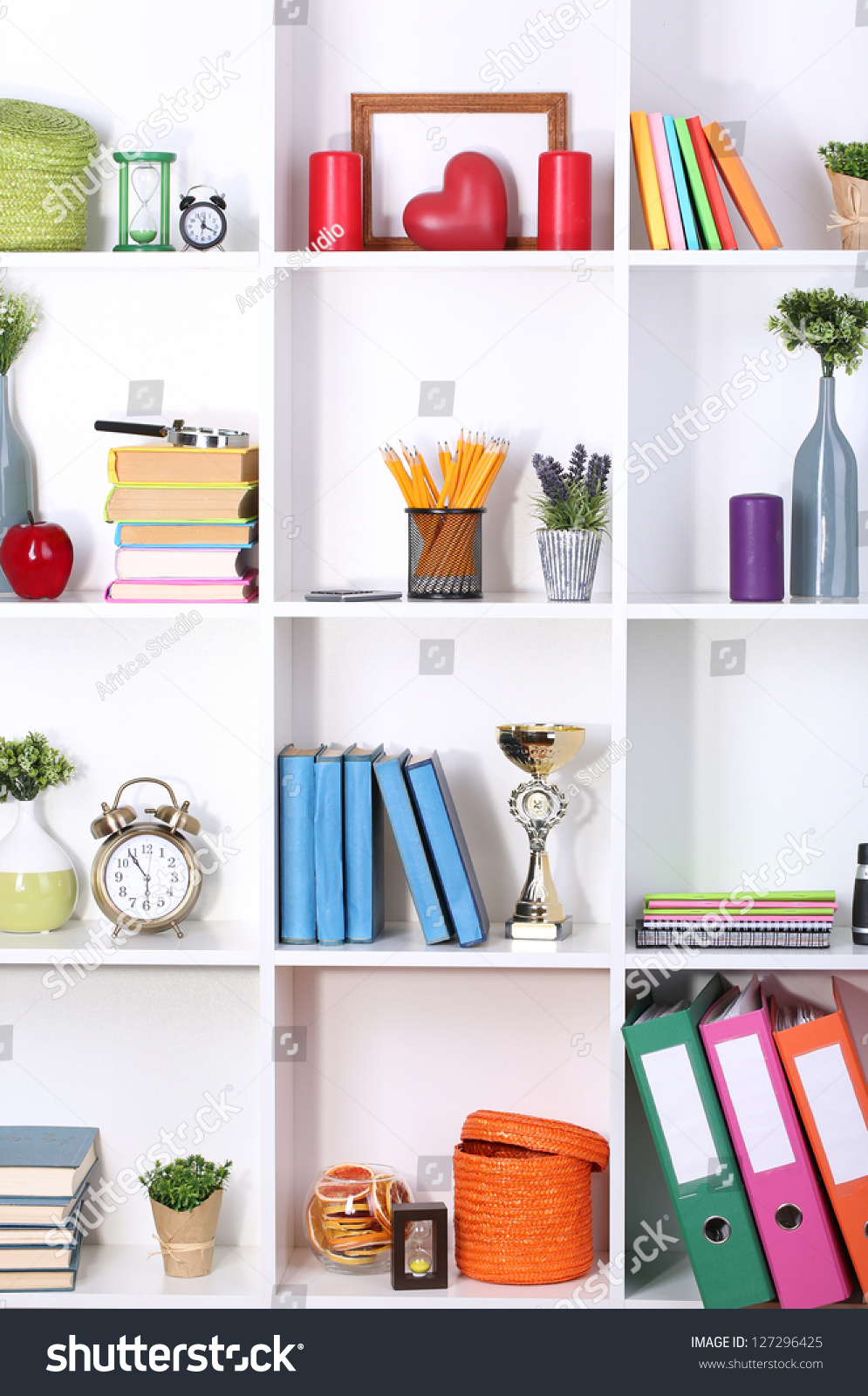 Beautiful White Shelves With Different Home Related Objects Stock Photo ...