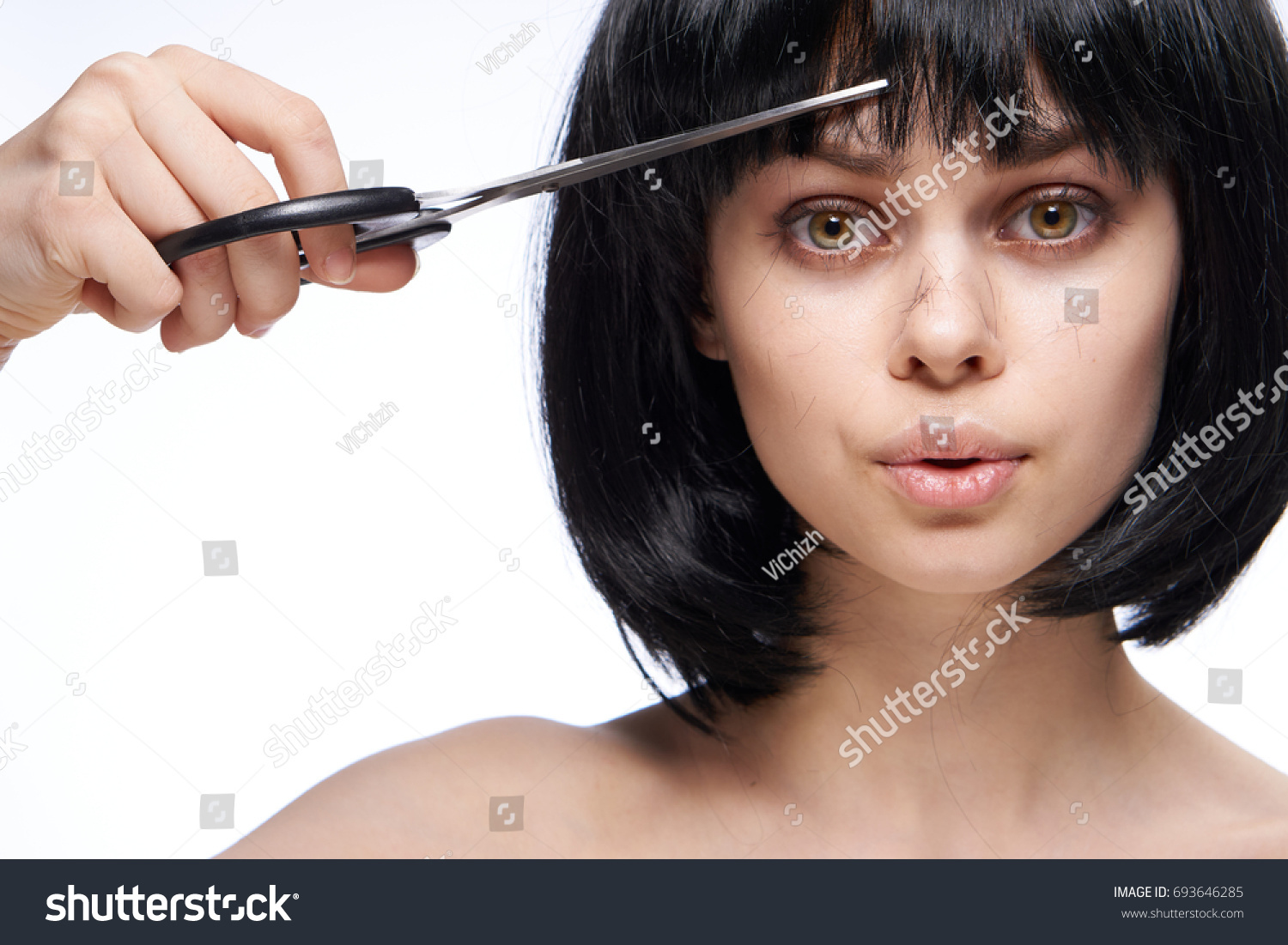 Beautiful Woman Cuts Her Hair Scissors Stock Photo 693646285