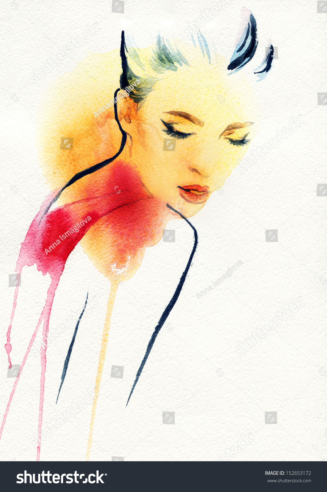 Beautiful Woman Face Watercolor Illustration Stock 