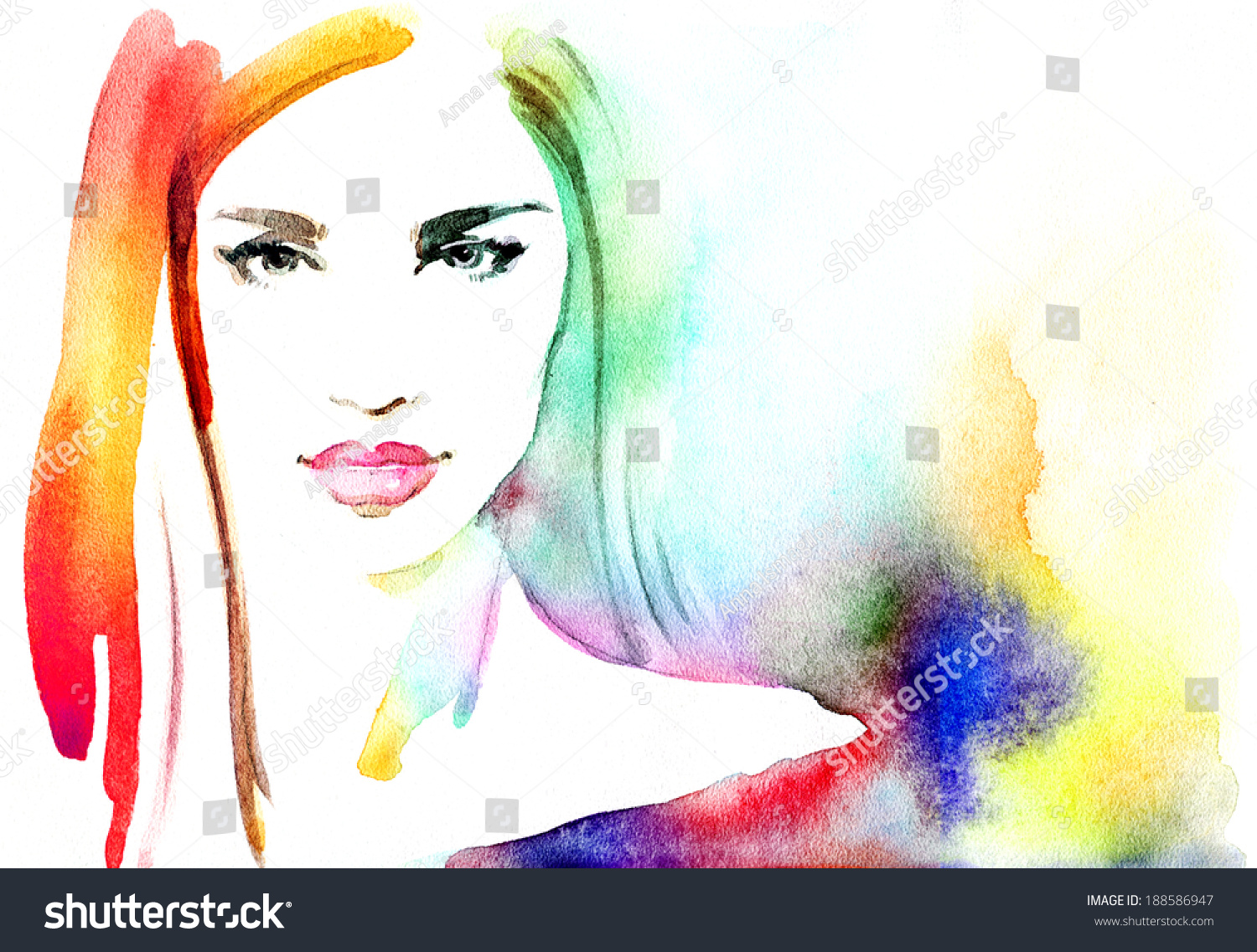 Beautiful Woman Face Watercolor Illustration Stock Illustration 188586947