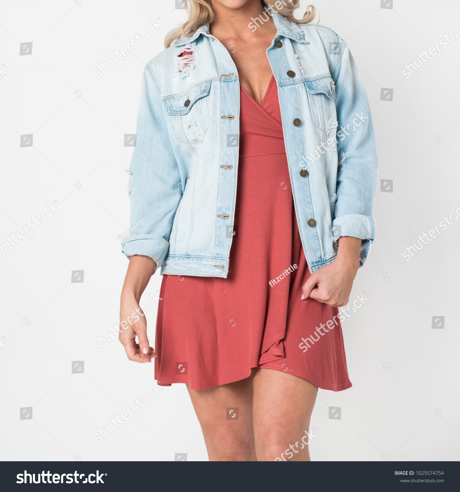 red dress jean jacket
