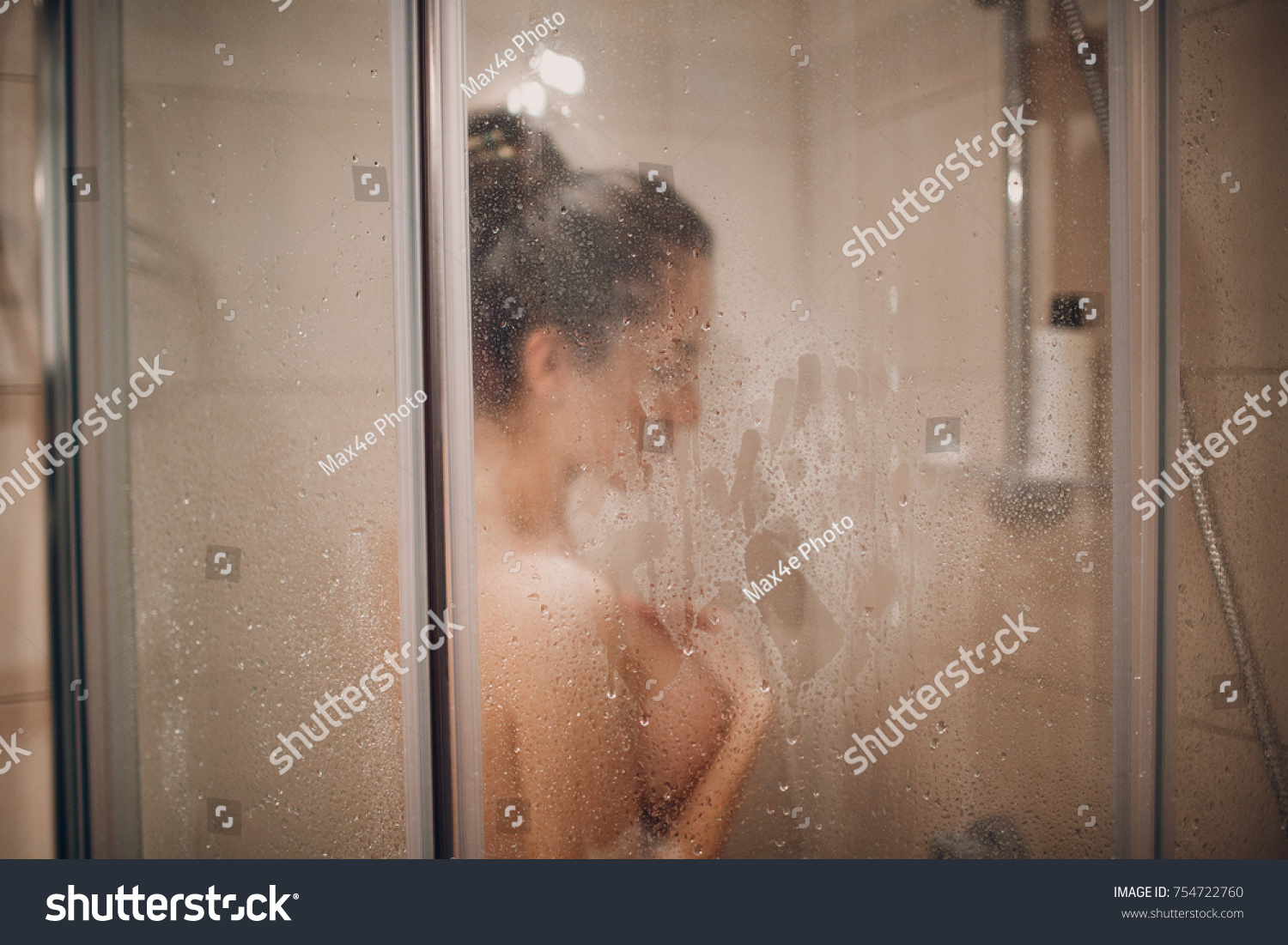 Beautiful Woman Shower Behind Glass Drops Stock Photo Edit Now 754722760