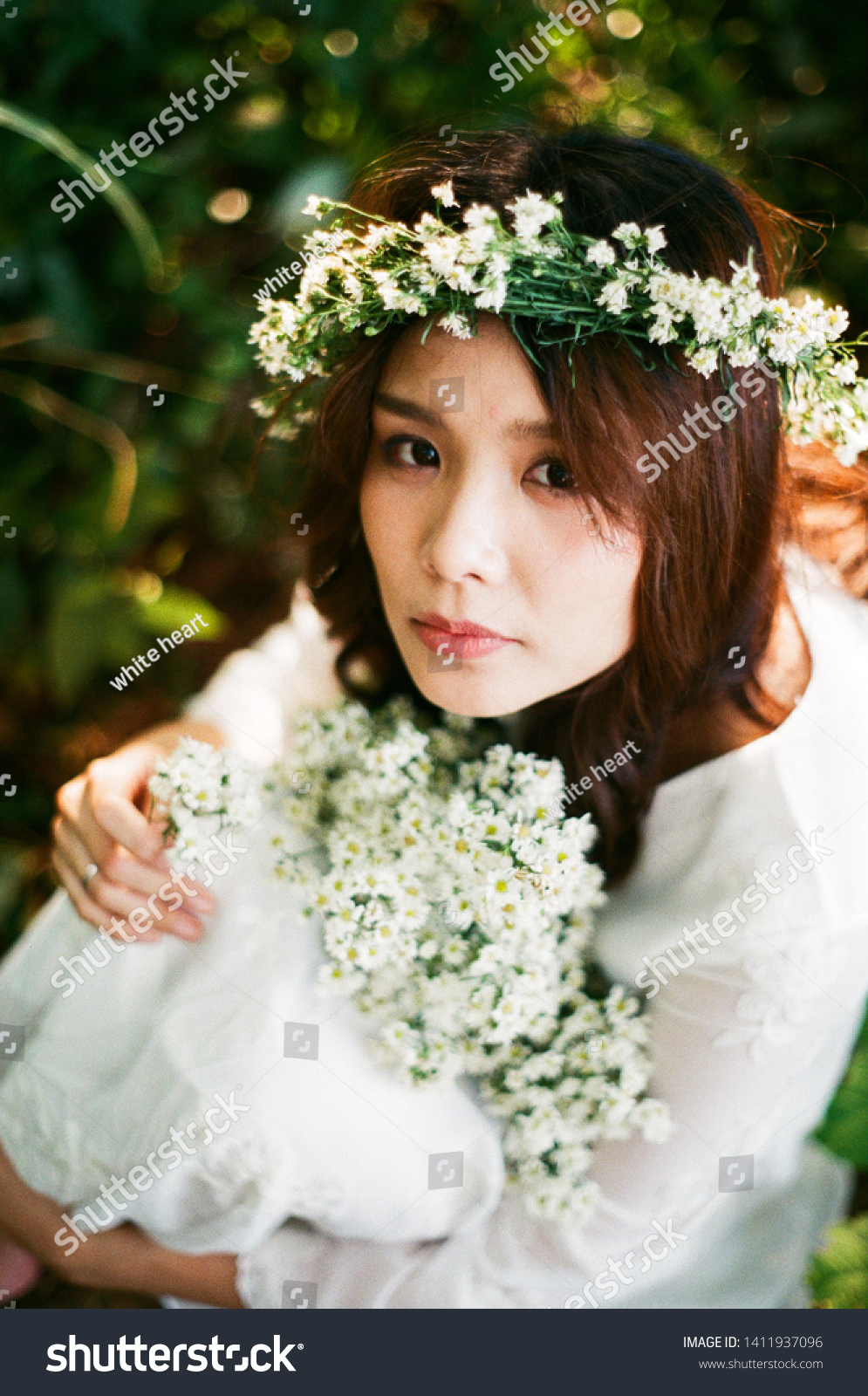 white dress with flower crown