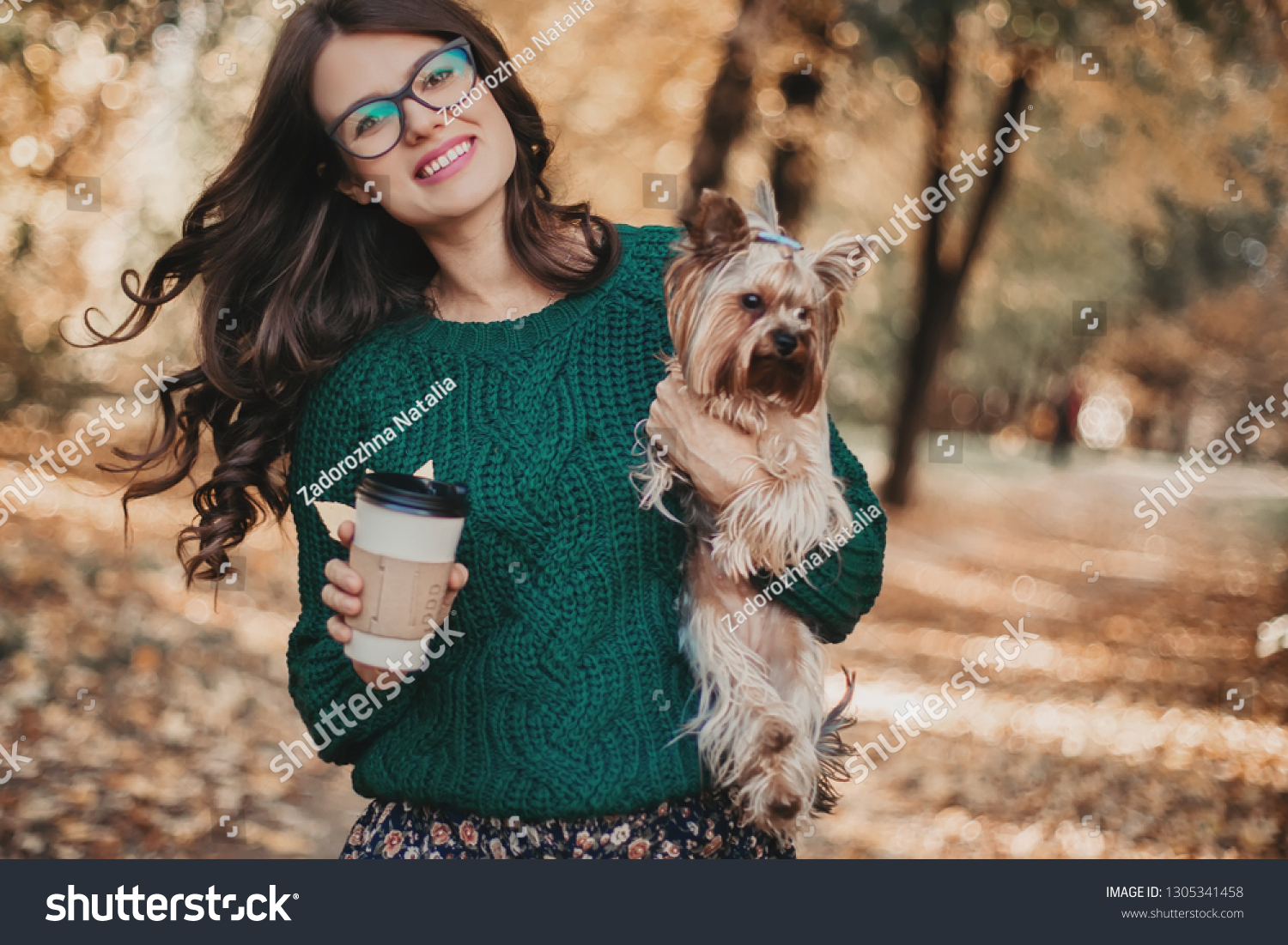 Beautiful Woman Walk Dog Drink Coffee Stock Photo Edit Now 1305341458