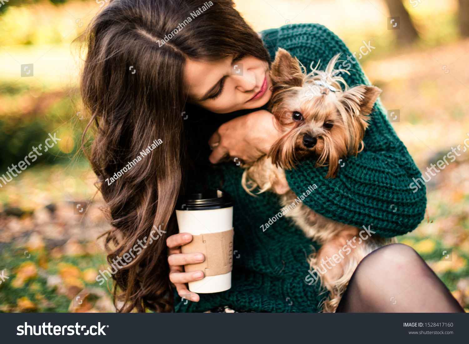 Beautiful Woman Walk Dog Drink Coffee Stock Photo Edit Now 1528417160