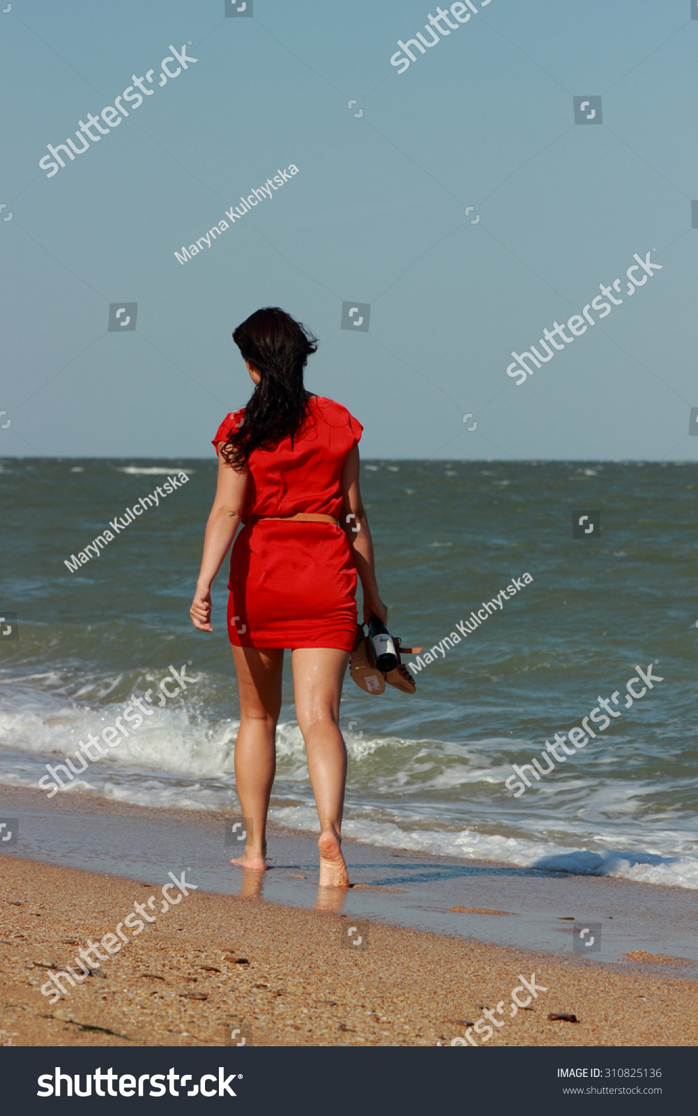 Beautiful Woman Walks Sea Side Wet  Stock Photo 310825136 