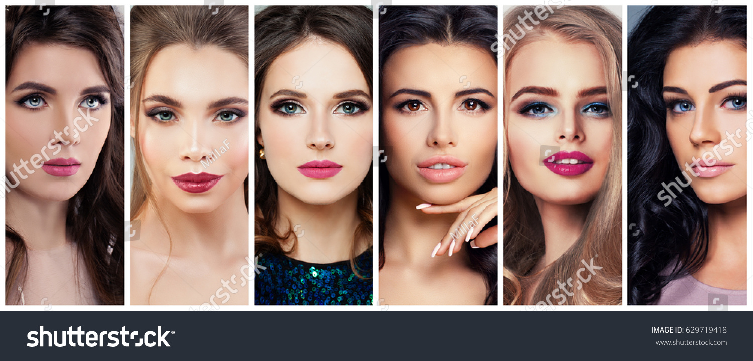 Beautiful Women With Perfect Makeup Beauty Collage, Cute Faces Stock