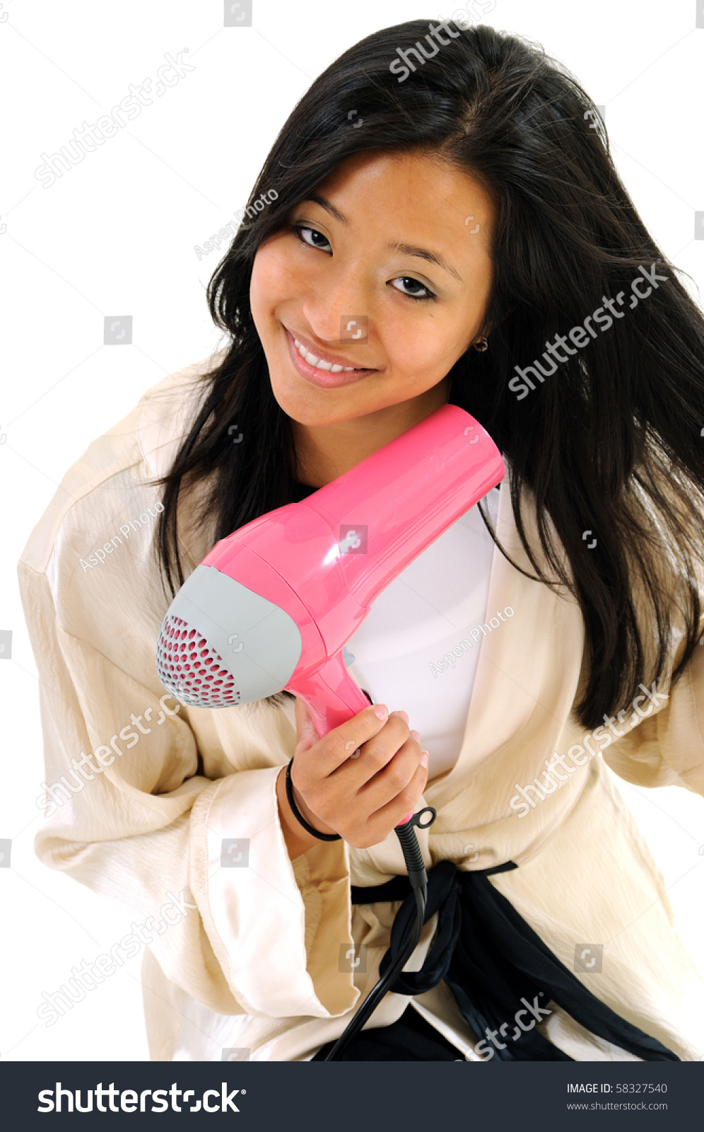 Beautiful Young Asian Woman Blow Drying Stock Photo 58327540 - Shutterstock