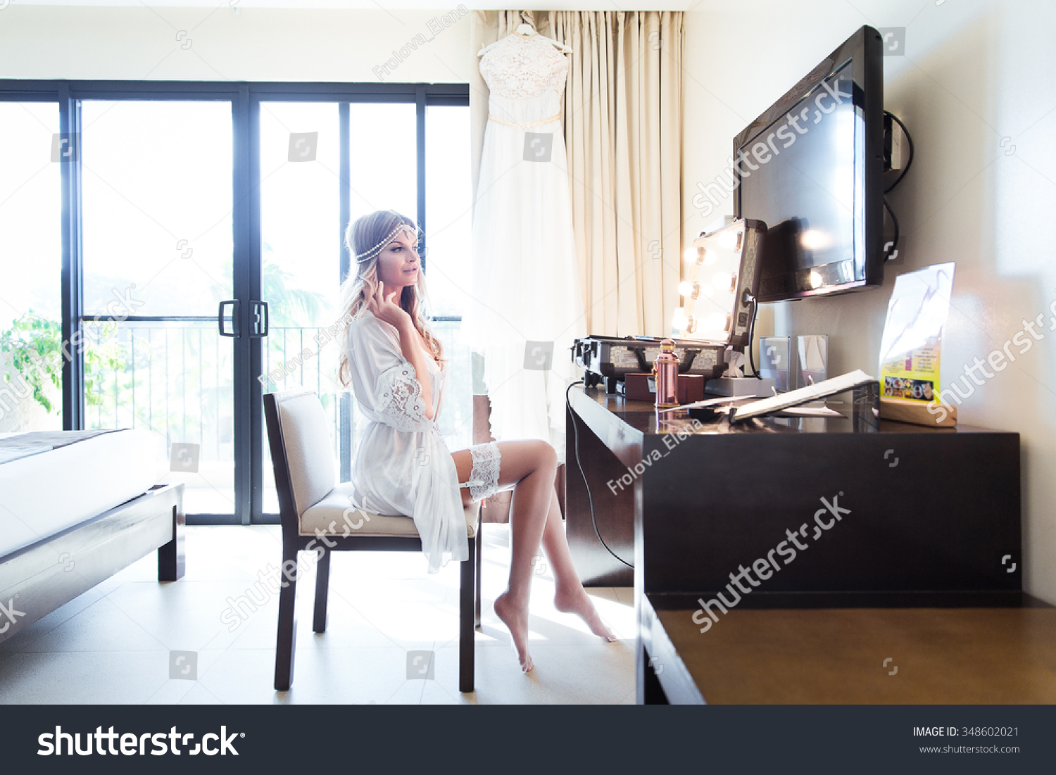 Beautiful Young Bride White Dress Sitting Stock Photo ...