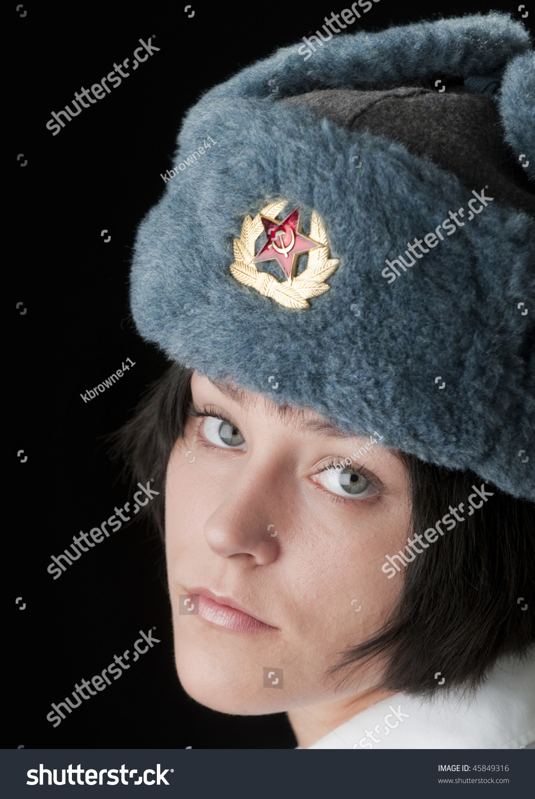 Beautiful Young Caucasian Woman In Russian Ushanka Hat Stock Photo ...