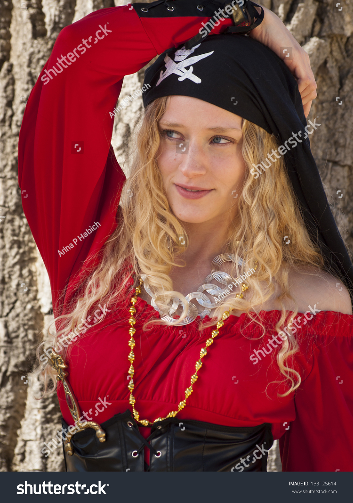 Beautiful Young Female Pirate In Red Dress. Stock Photo 133125614 ...