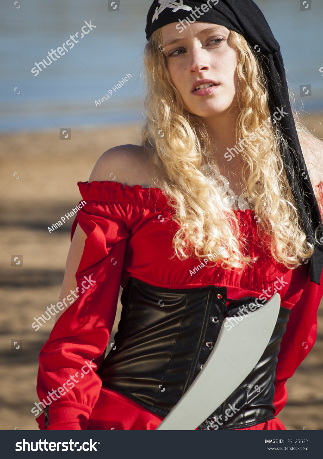 Beautiful Young Female Pirate In Red Dress. Stock Photo 133125632 ...