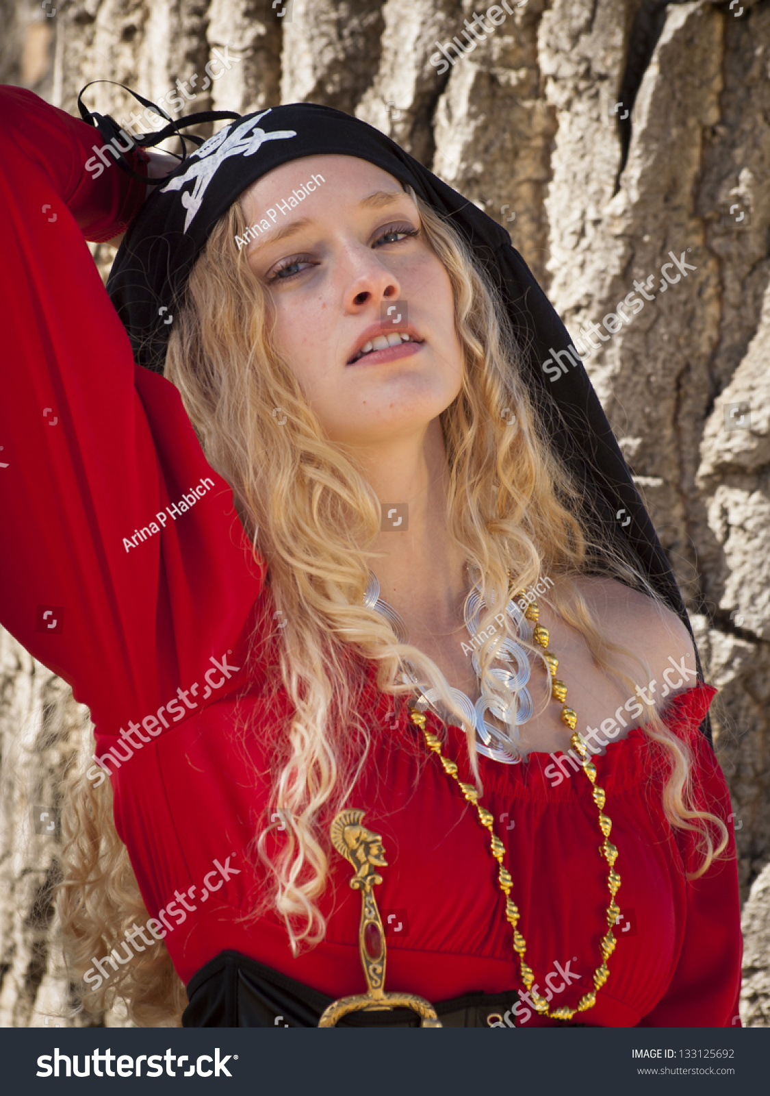 Beautiful Young Female Pirate In Red Dress. Stock Photo 133125692 ...