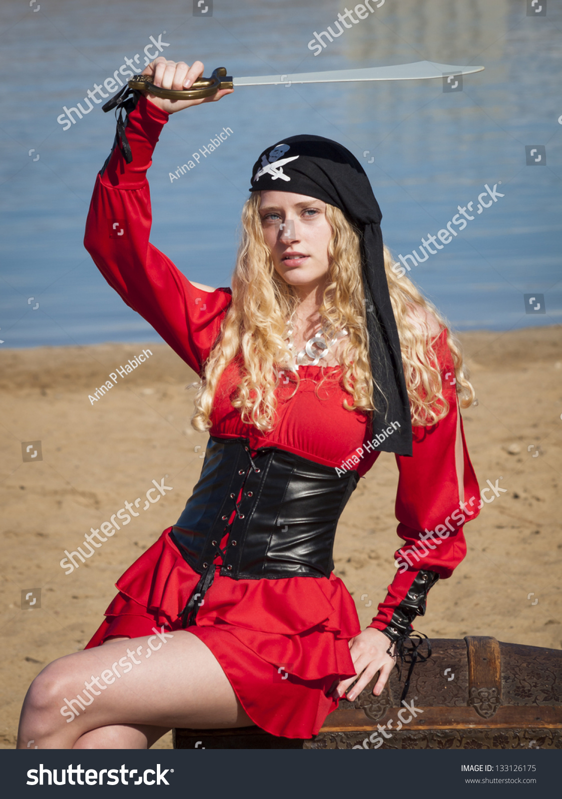 Beautiful Young Female Pirate In Red Dress. Stock Photo 133126175 ...