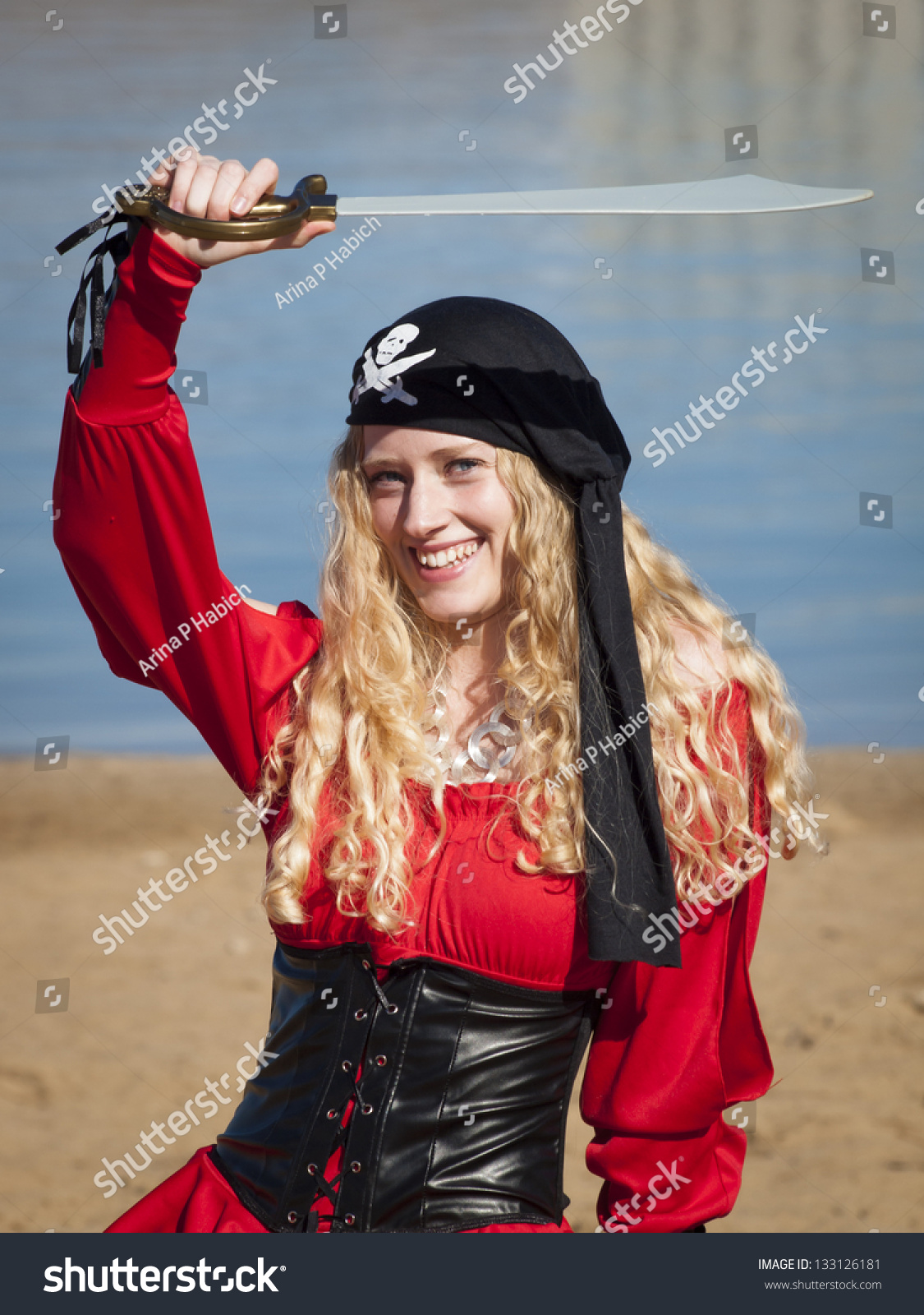 Beautiful Young Female Pirate In Red Dress. Stock Photo 133126181 ...