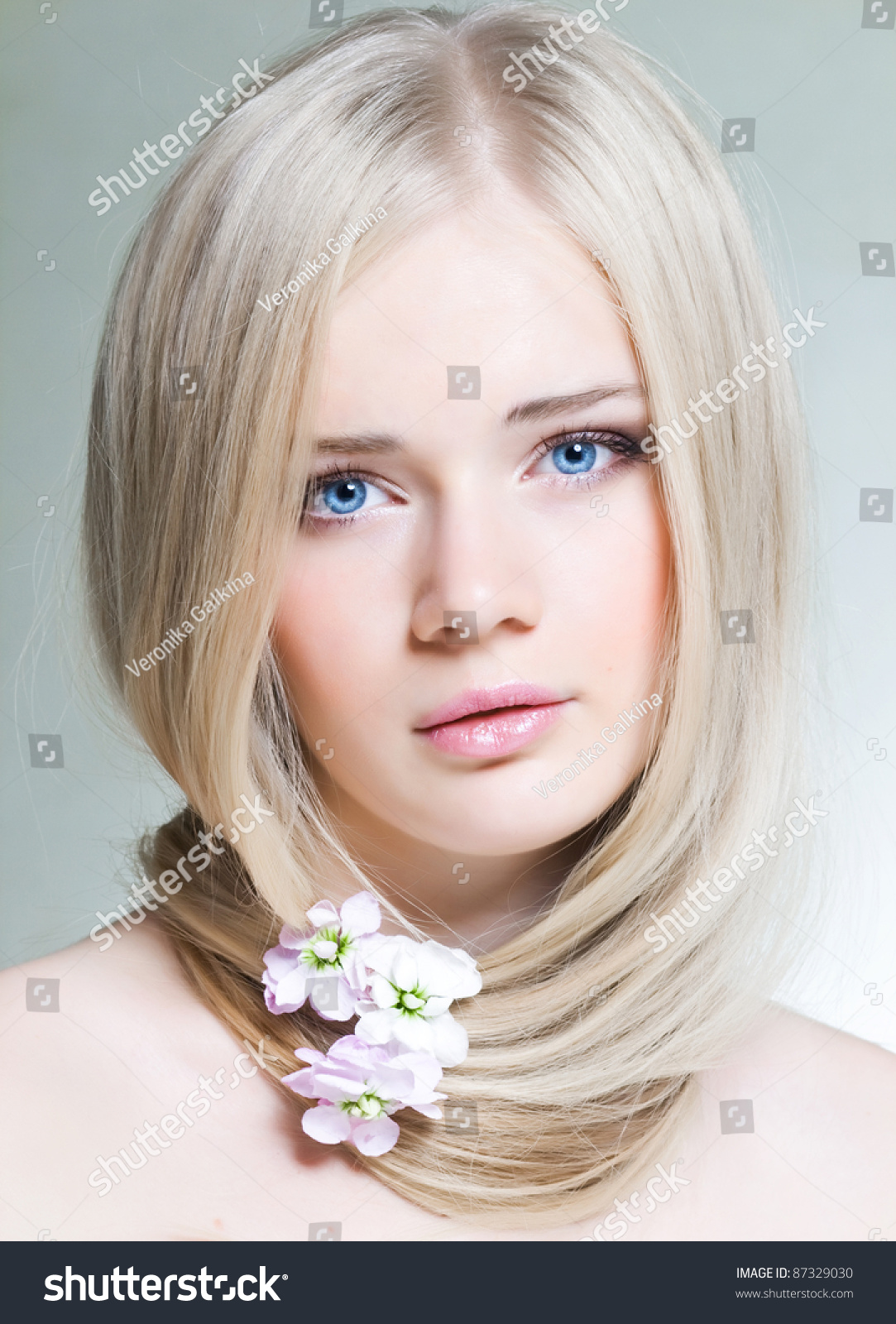 Beautiful Young Girl White Hair Blue Stock Photo 87329030