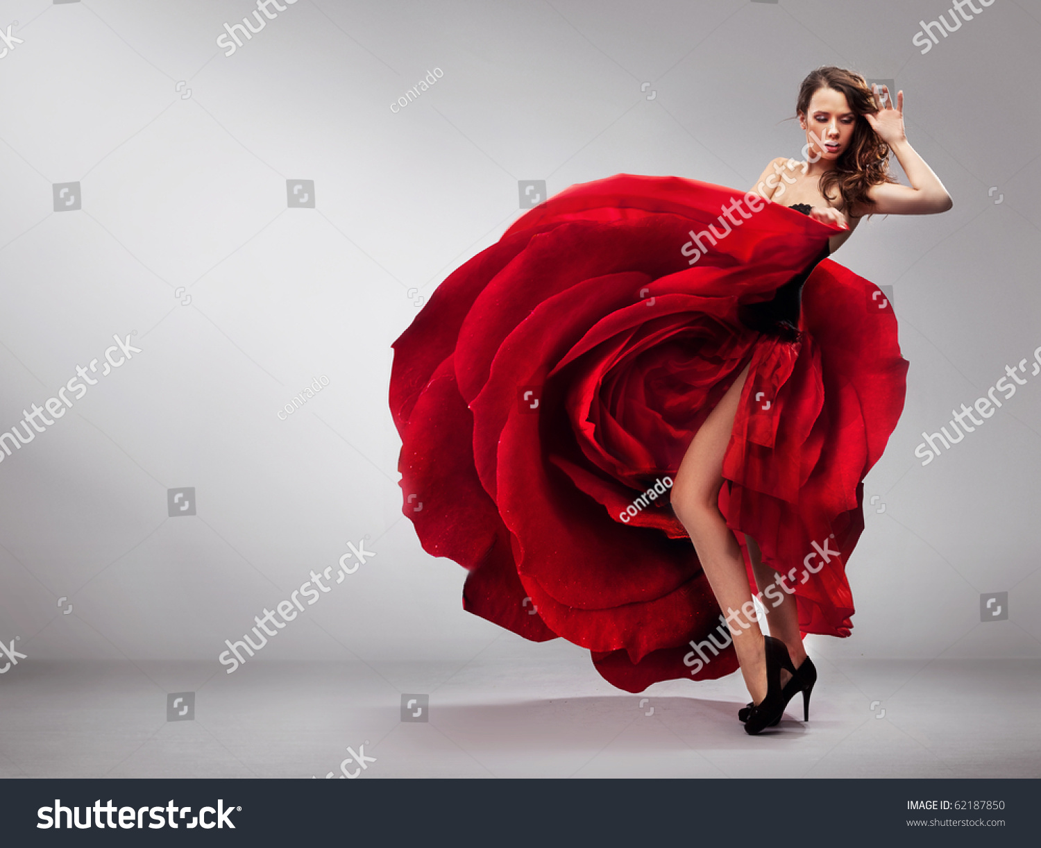 Beautiful Young Lady Wearing Red Rose Stock Photo 62187850 