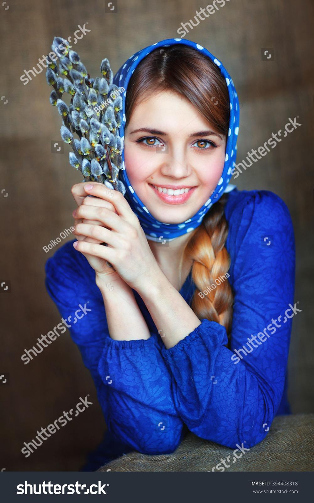 Beautiful Young Model In Blue Scarf Holding Spring Pussy Willow Branches Touching Her Face Pretty Girl