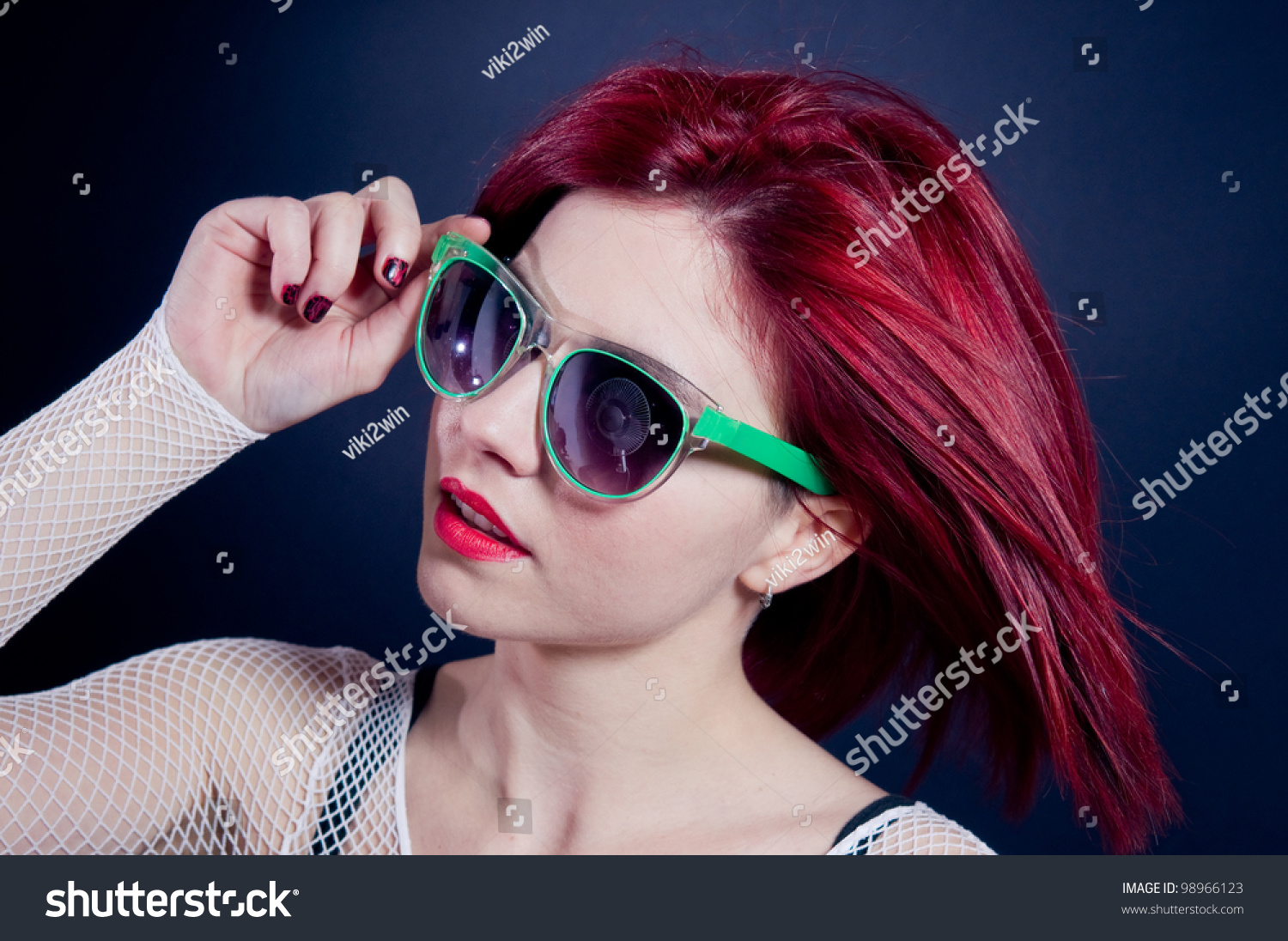 Beautiful Young Redhead Woman With Green Glasses Stock Photo 98966123 ...