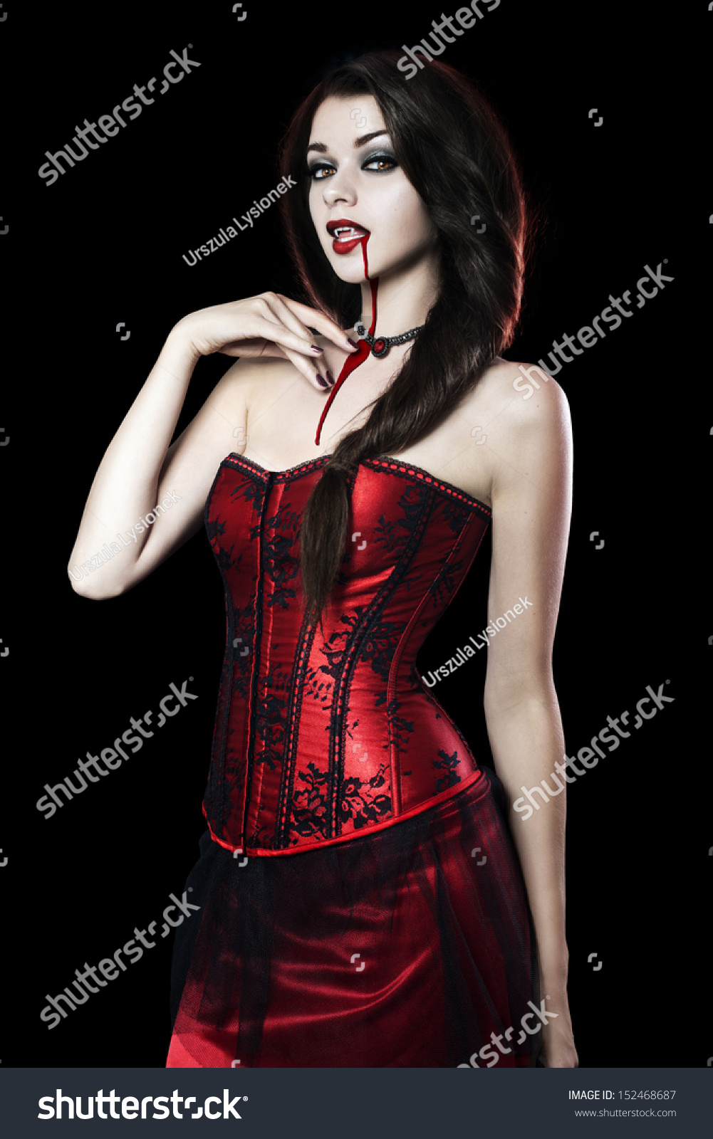 Beautiful Young Woman As Sexy Vampire In Red Dress - Halloween Portrait ...