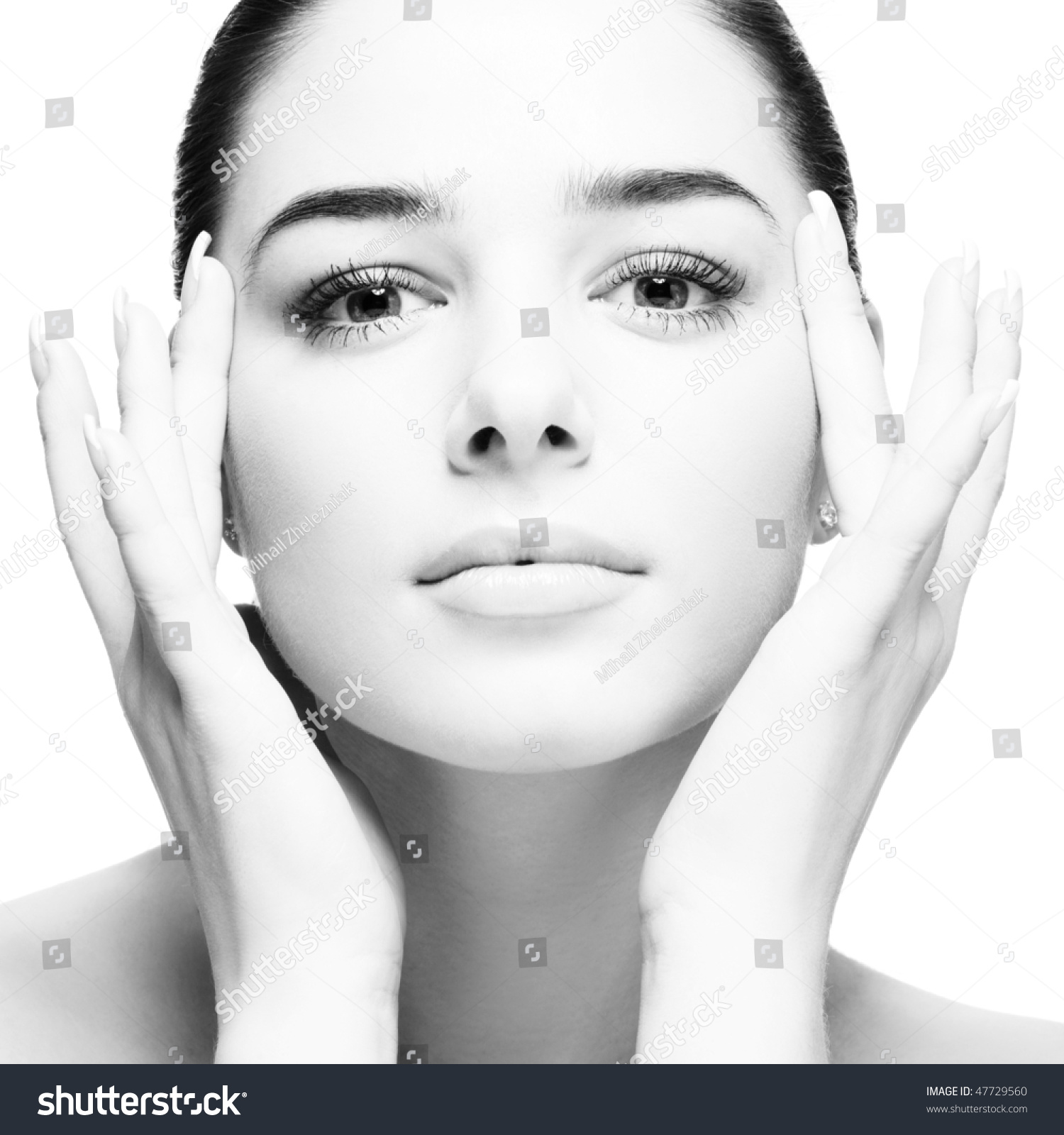 Beauty Portrait Of Young Woman. Face In Hands. Black And White Stock ...