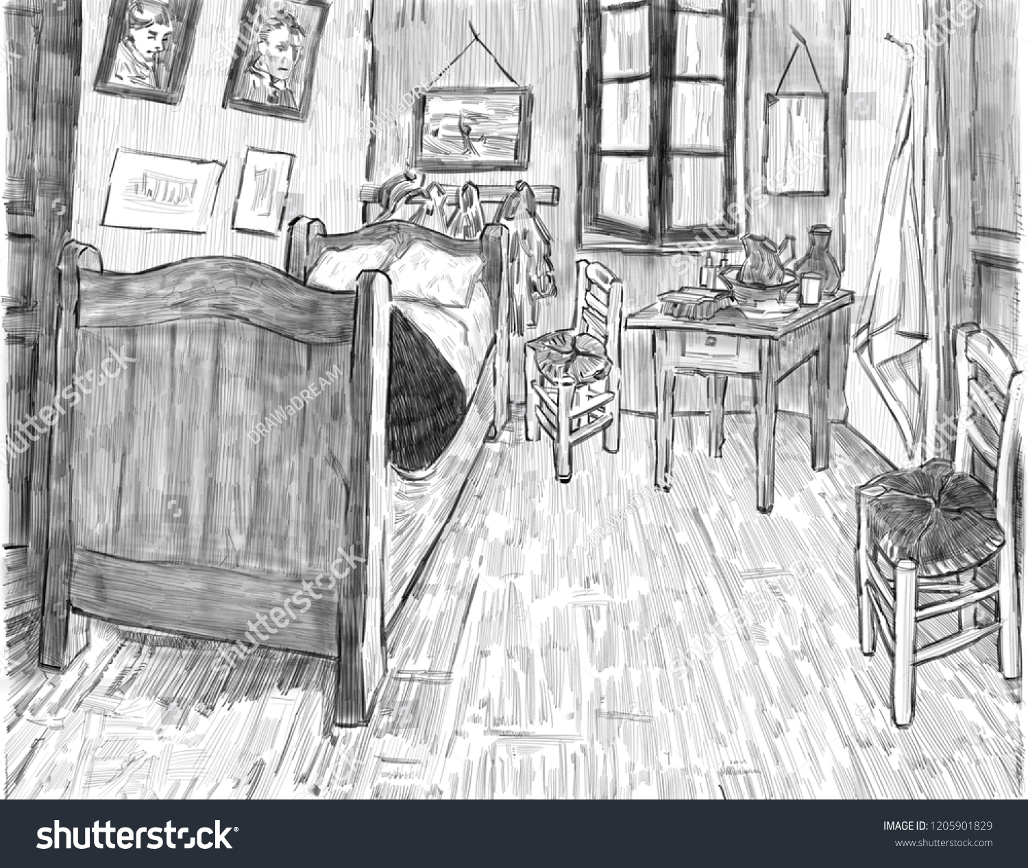 Bedroom Design Pencil Drawing Stock Illustration 1205901829