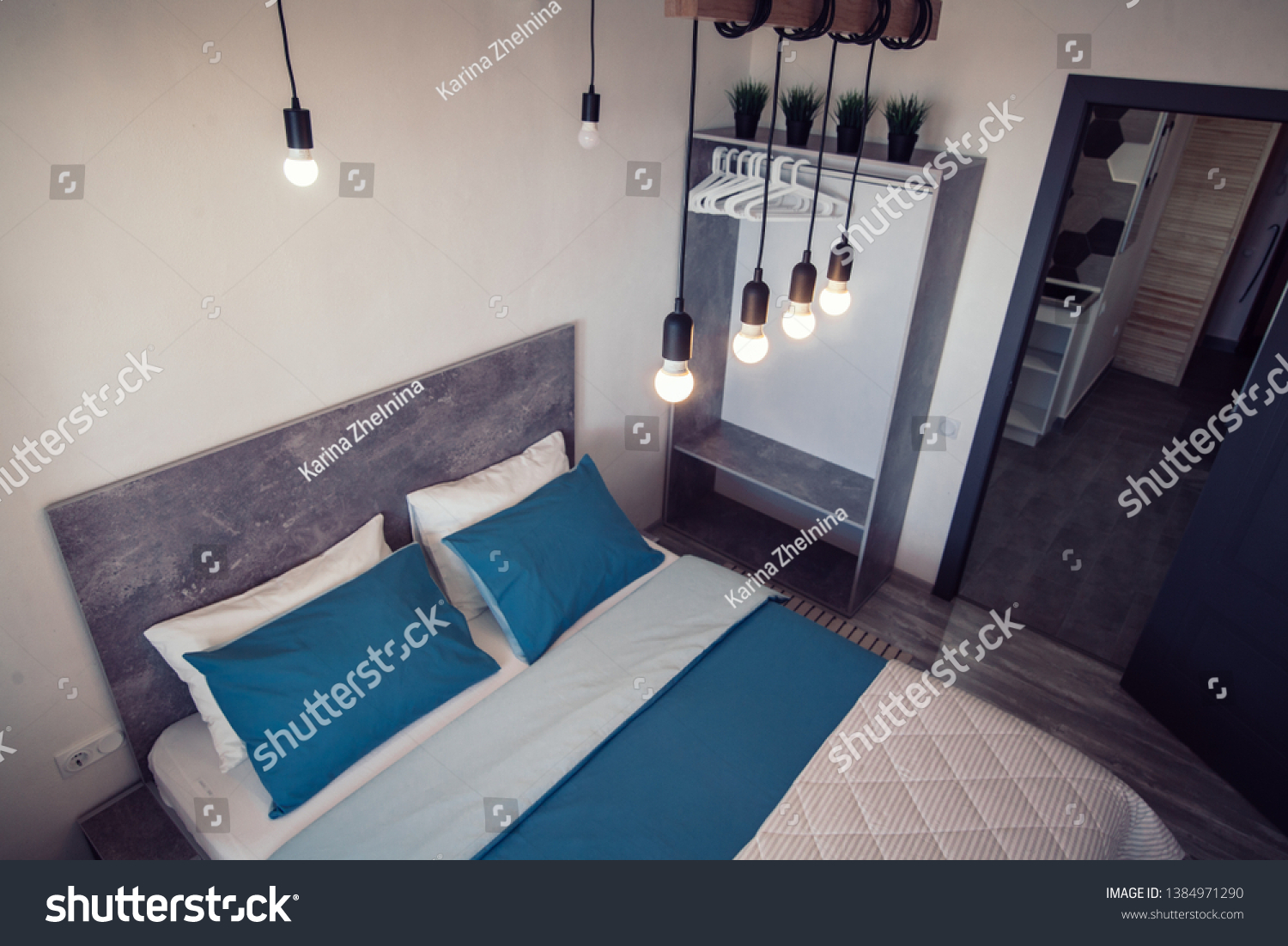 Bedroom Interior Stylish Light Bulbs Fashionable Stock Photo