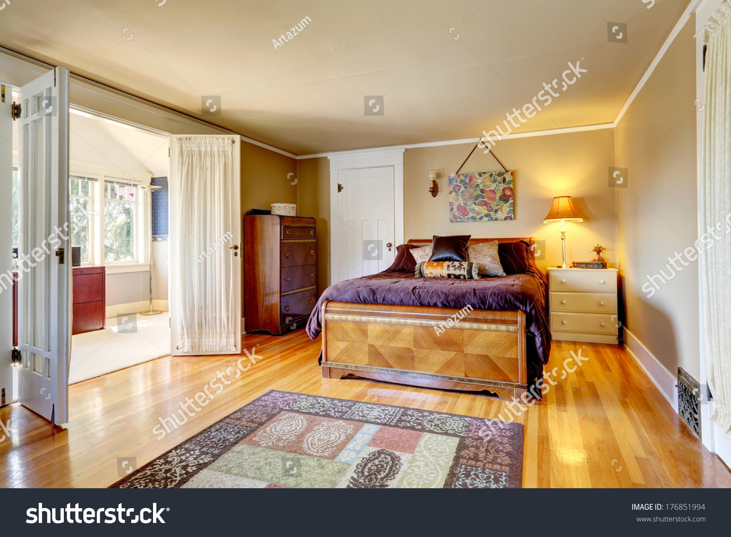 Bedroom Hardwood Floor Rug Furnished Antique Stock Photo