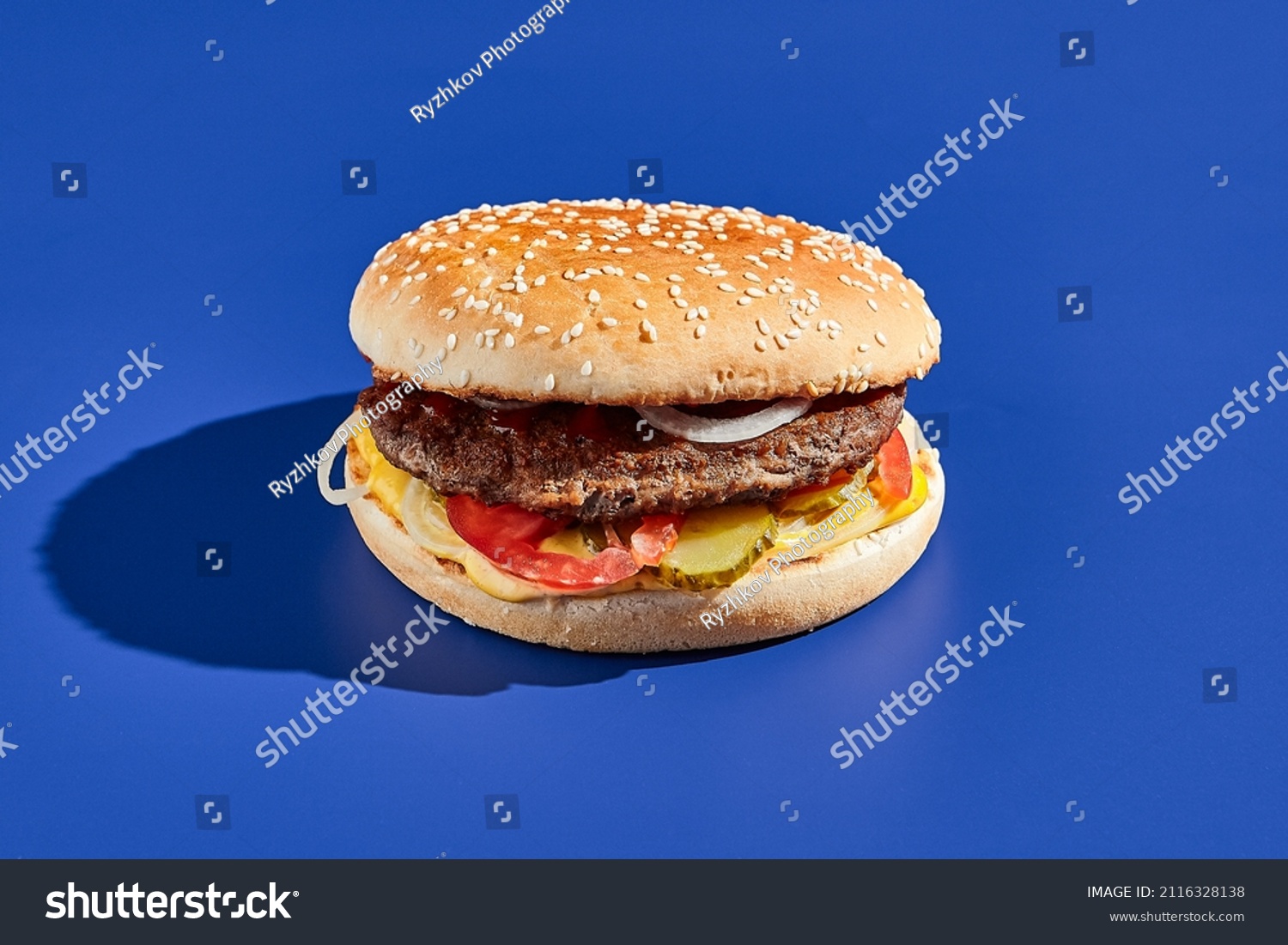 Beef Burger Blue Background Hard Shadow Stock Photo 2116328138 ...