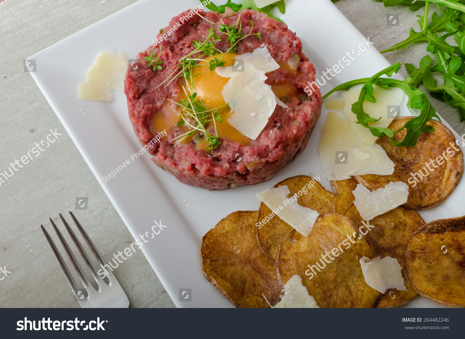 Beef Tartar Homemade Potato Chips Sprinkled Stock Photo Edit Now 264482246