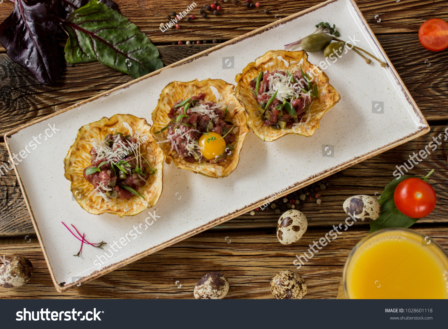 Beef Tartar Quail Eggs Homemade Potato Stock Photo Edit Now 1028601118