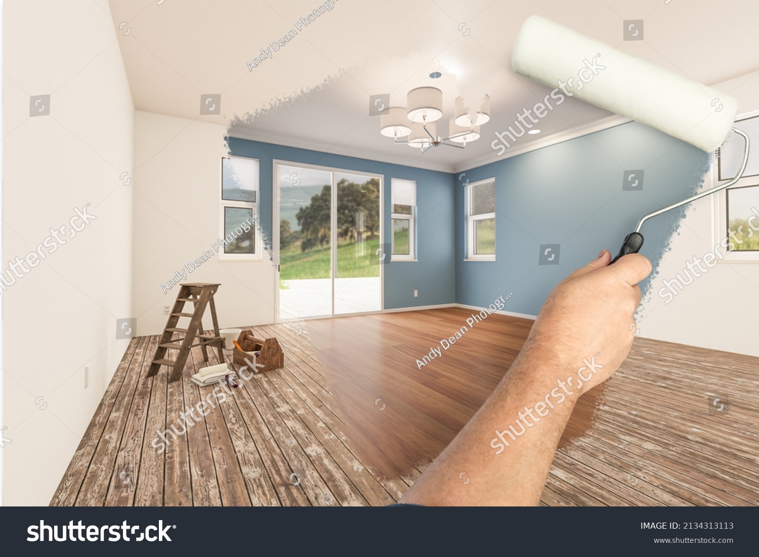 76 851 Room Painter Images Stock Photos Vectors Shutterstock   Stock Photo Before And After Of Man Painting Roller To Reveal Newly Remodeled Room With Fresh Blue Paint And 2134313113 